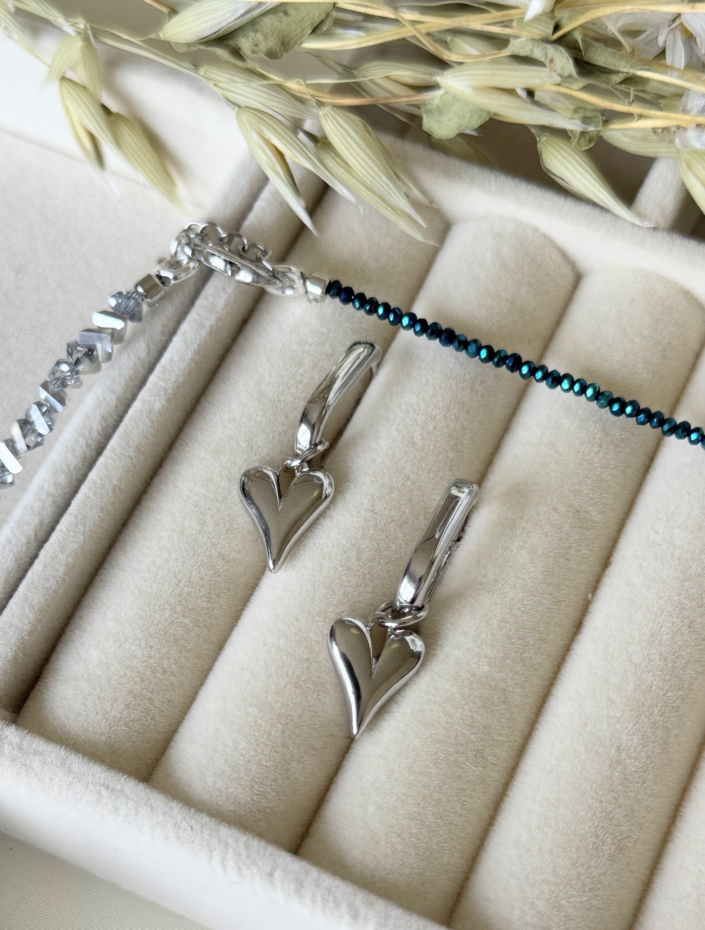 Hematite silver crystal heart necklace and matching earrings jewelry set