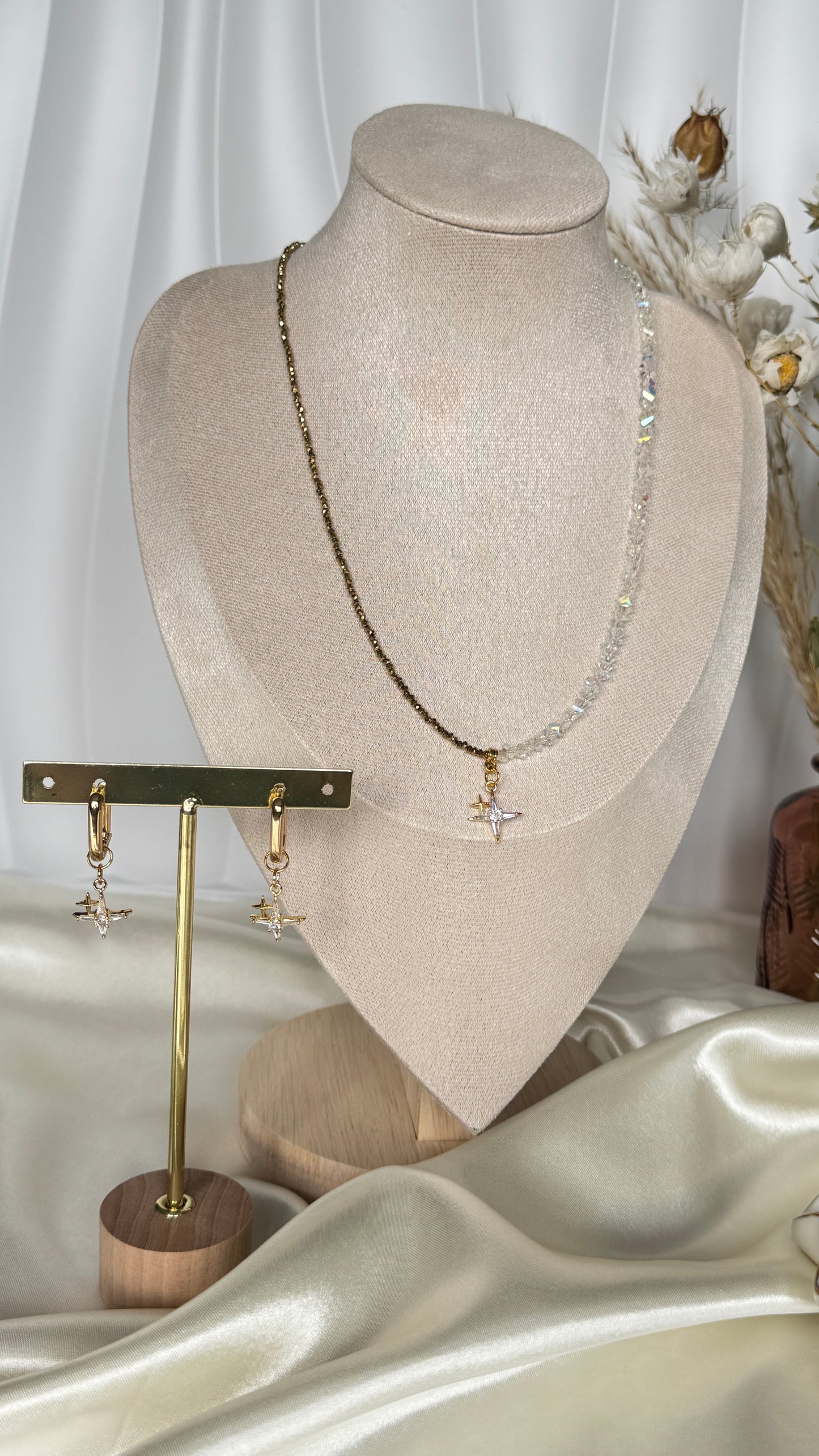 Layered stars hematite crystal necklace and earrings set
