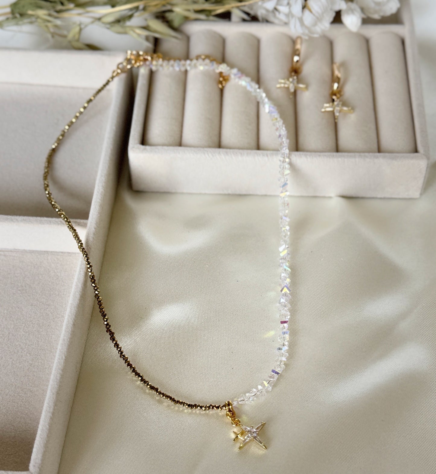 Layered stars hematite crystal necklace and earrings set