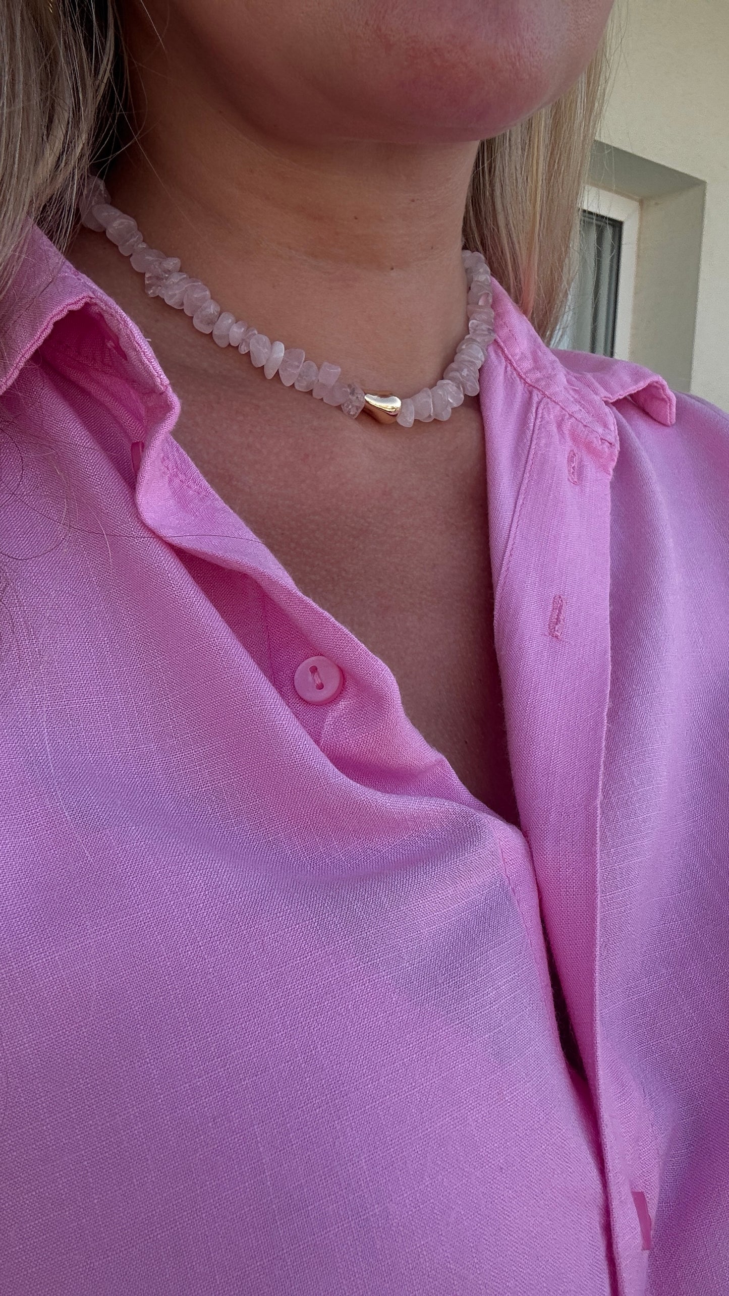 Natural Pink Quartz Choker With Gold Plated Bead