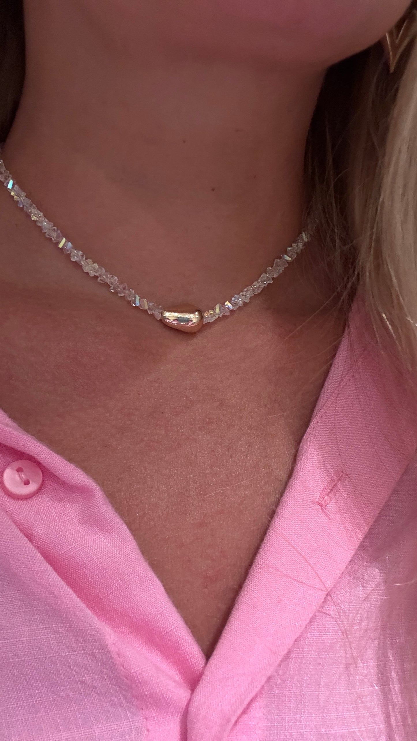 Natural Pink Quartz Choker With Gold Plated Bead