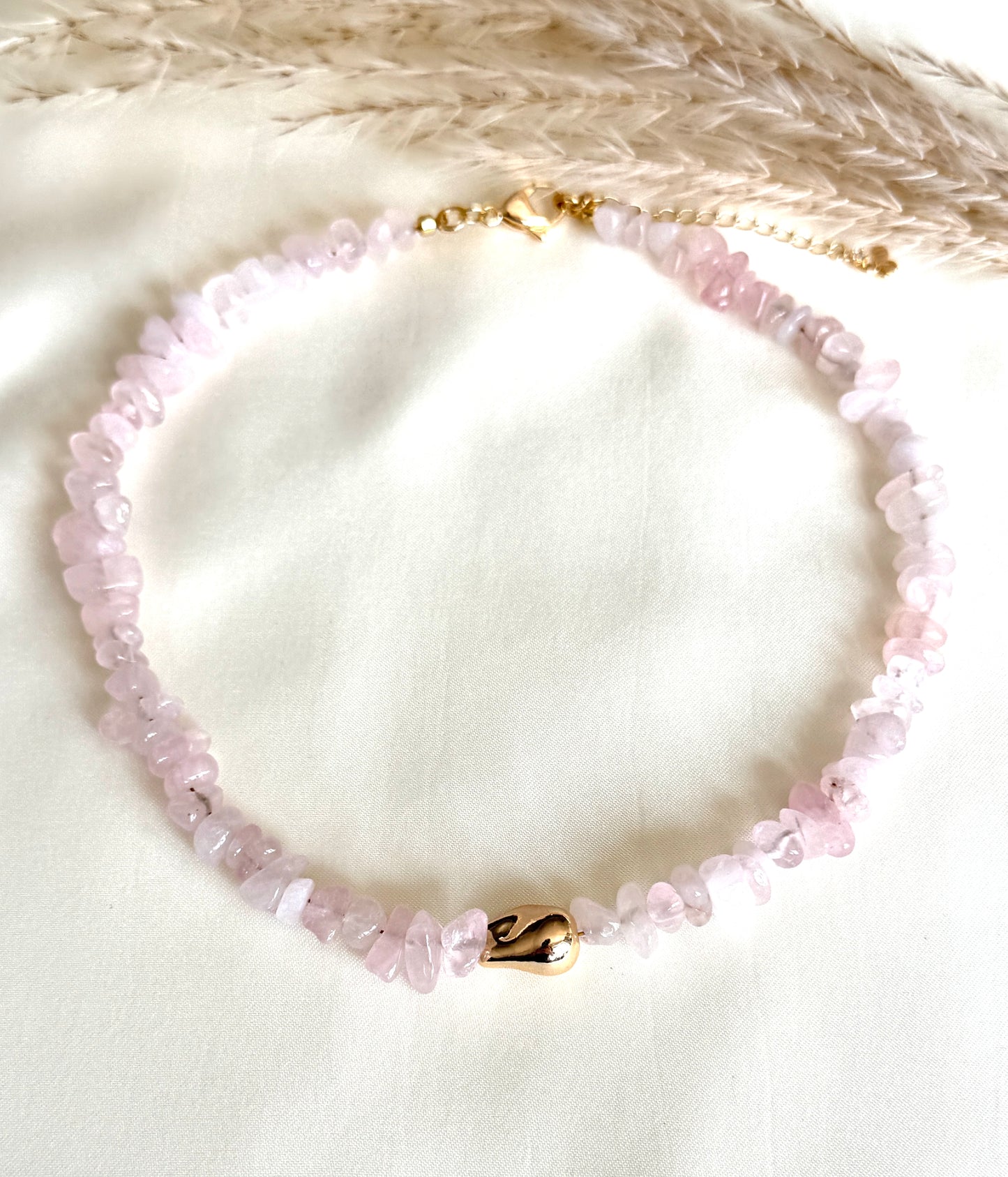 Natural Pink Quartz Choker With Gold Plated Bead