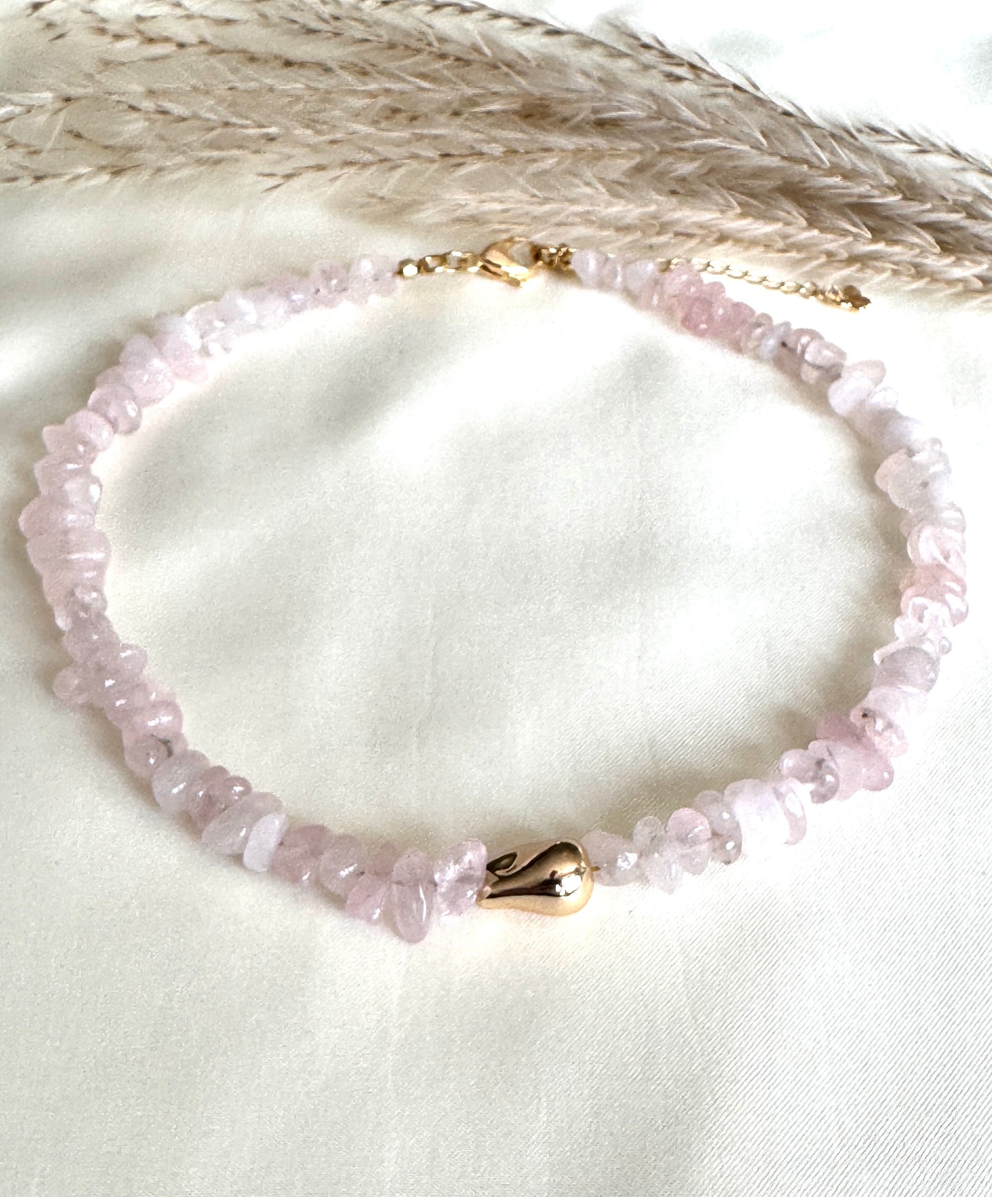 Natural Pink Quartz Choker With Gold Plated Bead