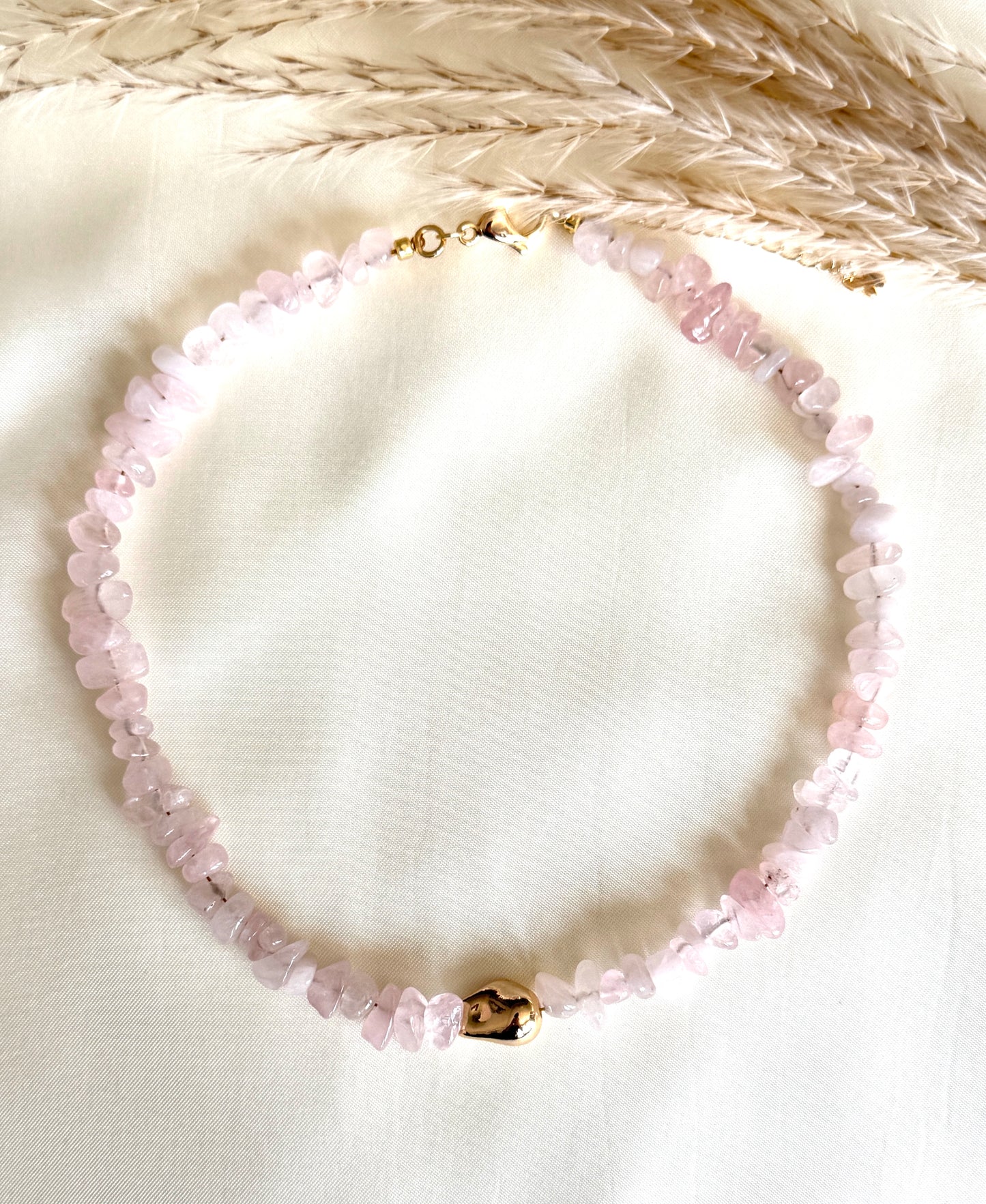 Natural Pink Quartz Choker With Gold Plated Bead