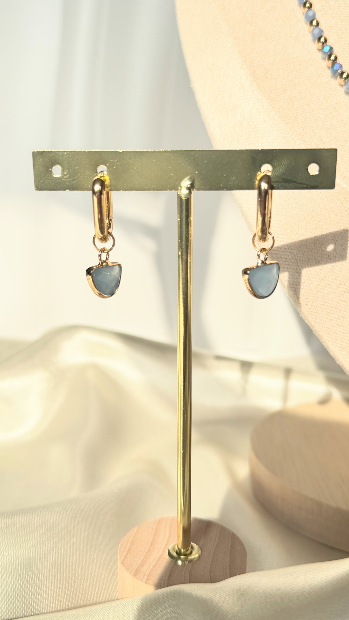 Blue gold hematite and crystal drop earrings with gold hooks