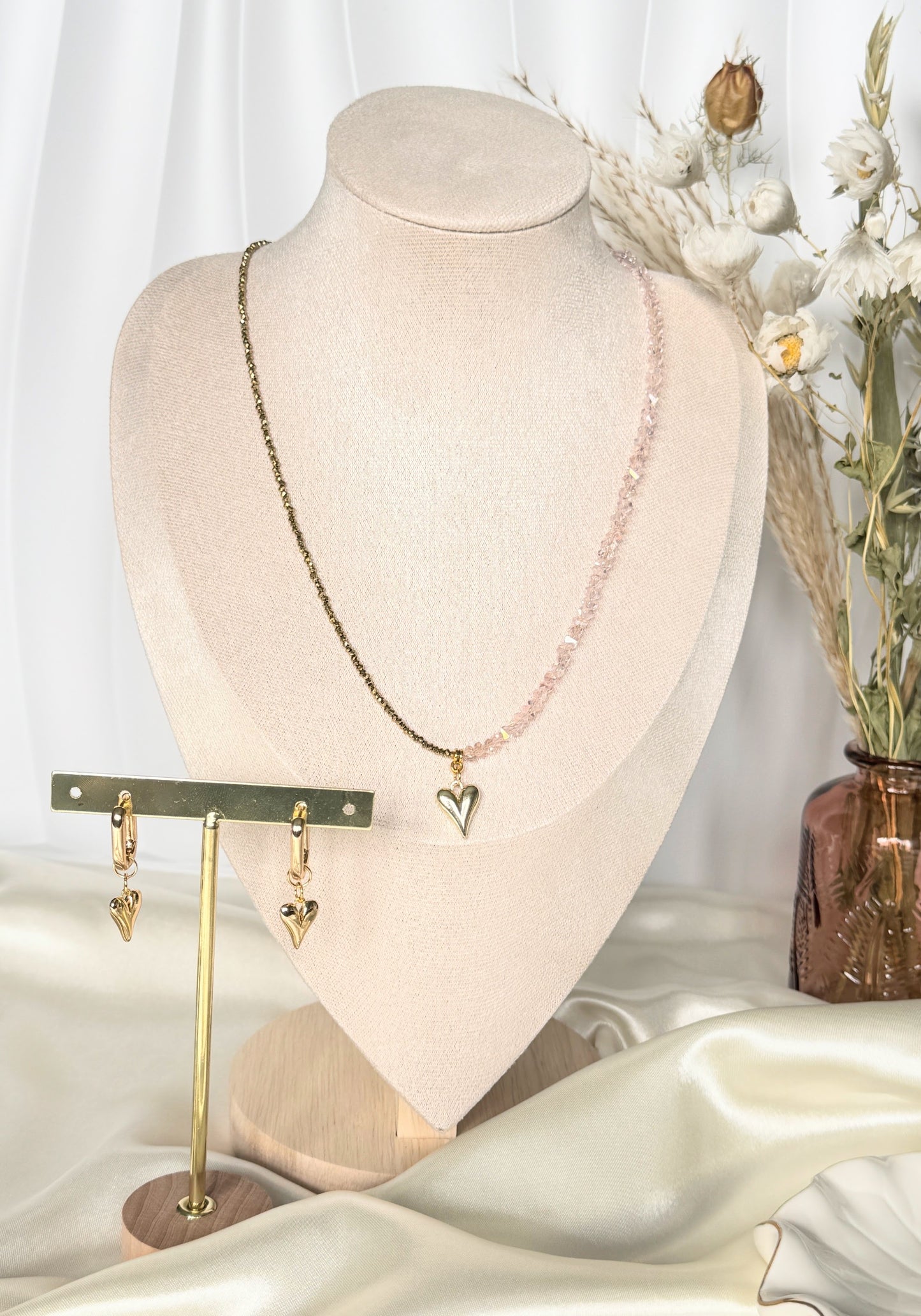 Layered pink gold hematite and crystal necklace with earrings set