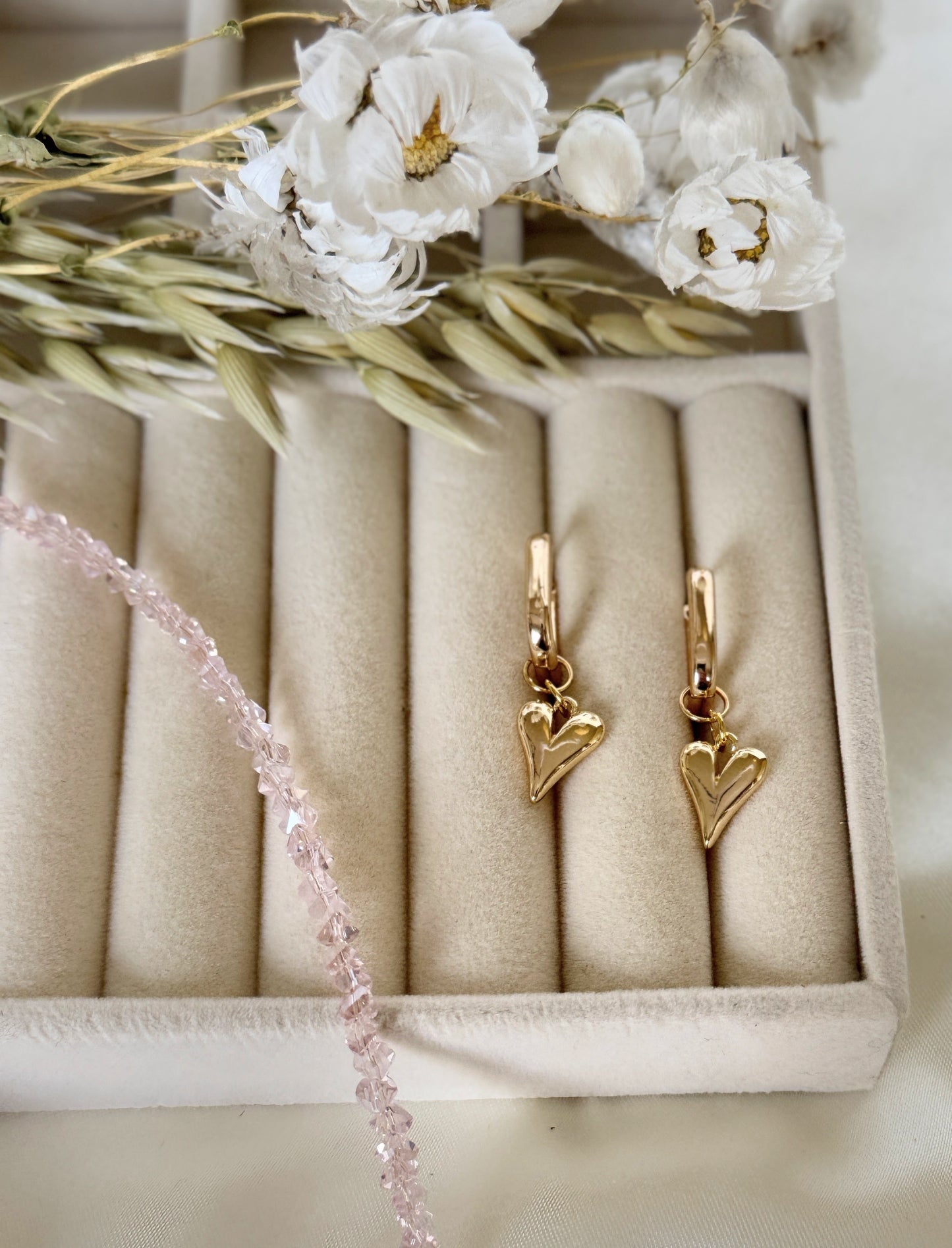 Pink gold hematite and crystal drop earrings with gold hooks