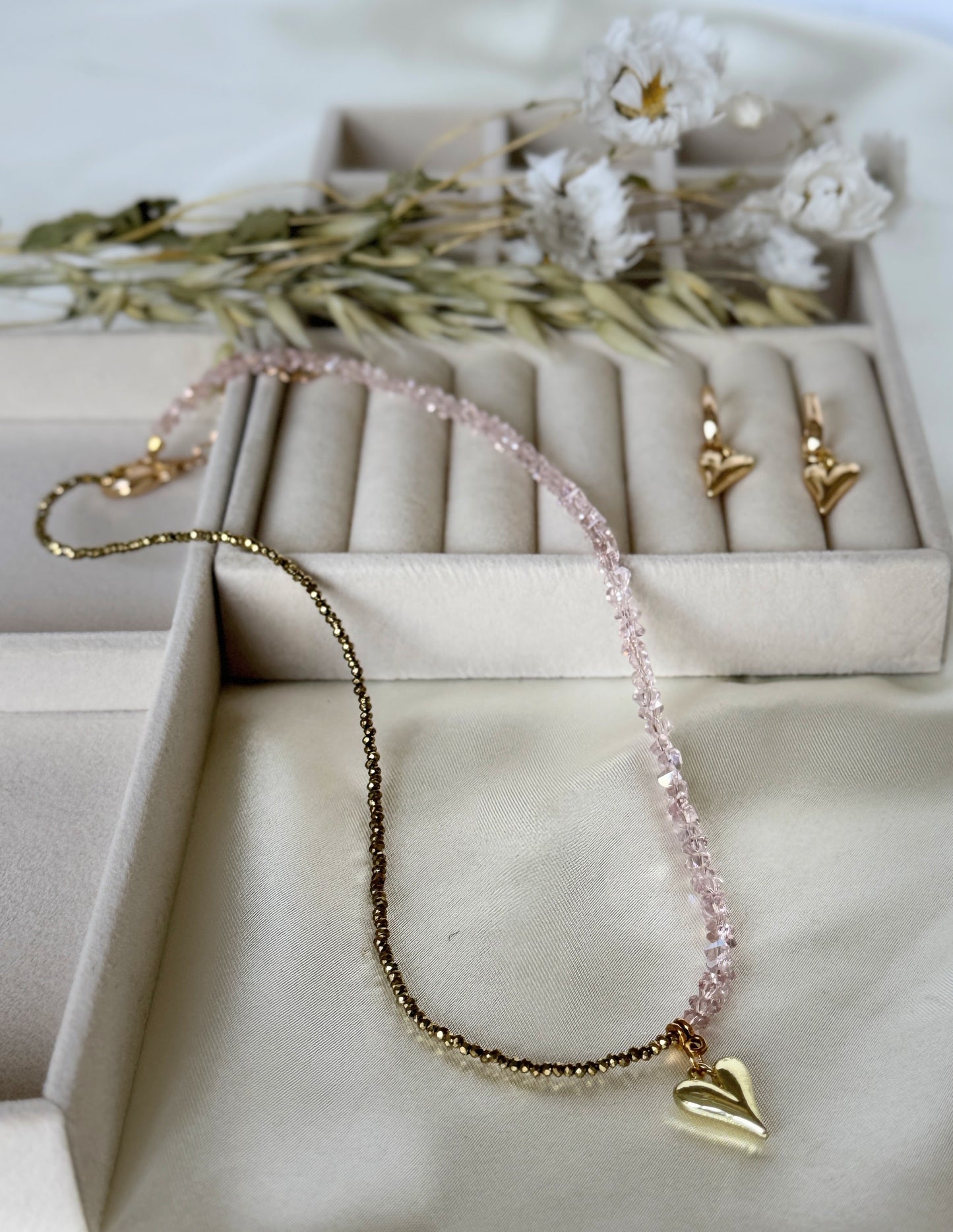 Pink gold hematite crystal jewelry set with necklace and earrings
