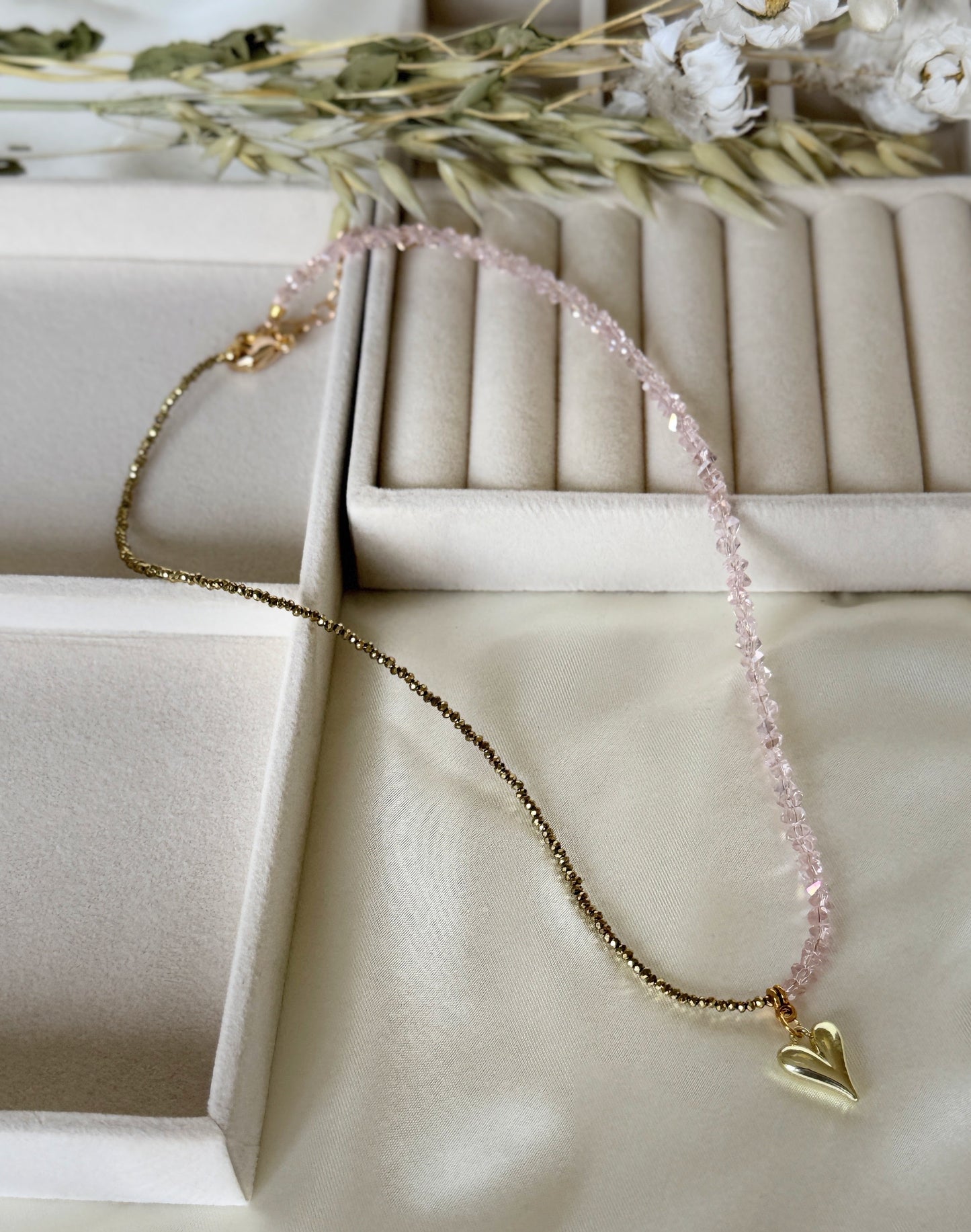 Layered pink gold hematite crystal necklace with delicate gold chains