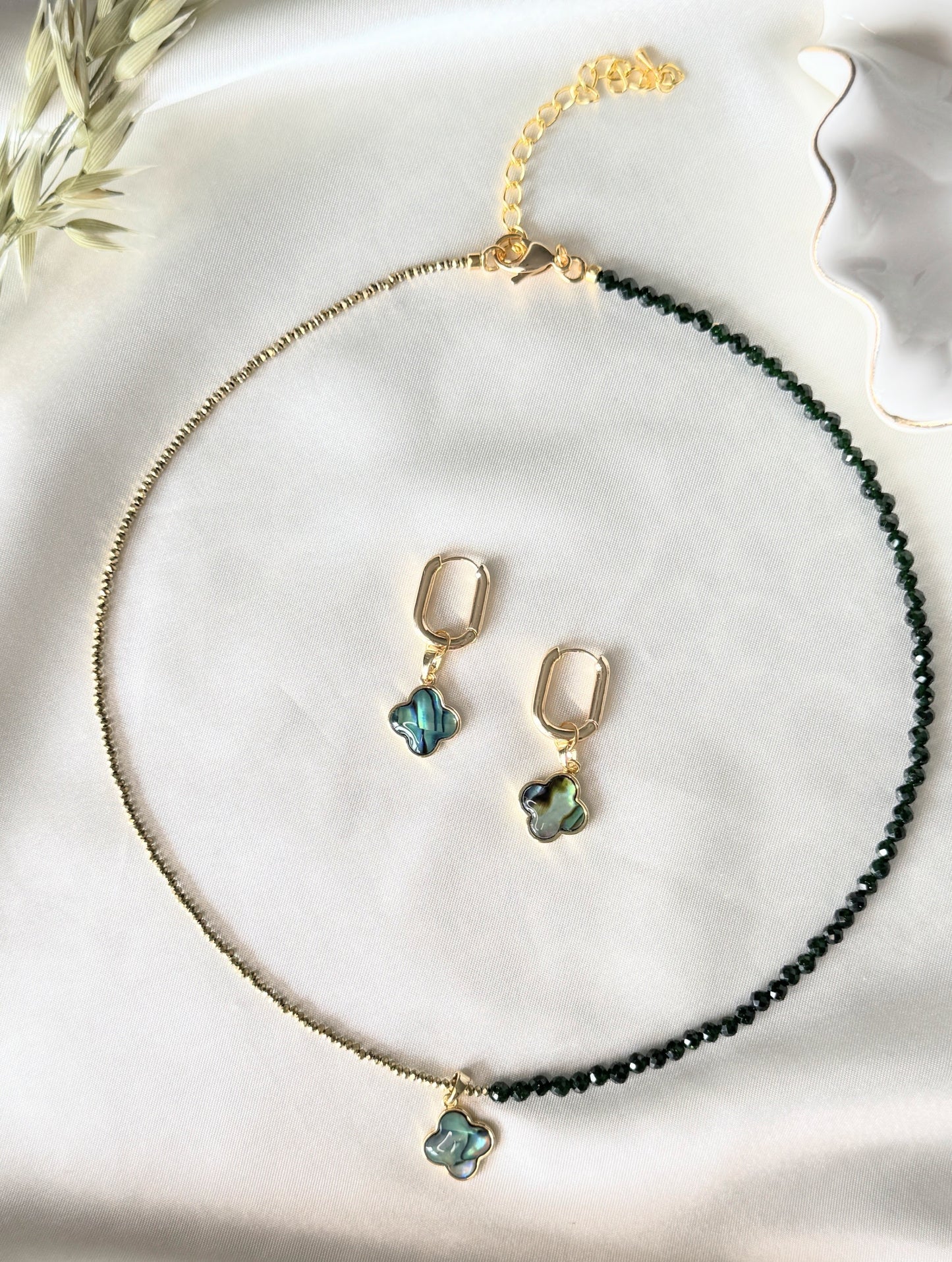 Lucky clover hematite crystal necklace with matching clover earrings