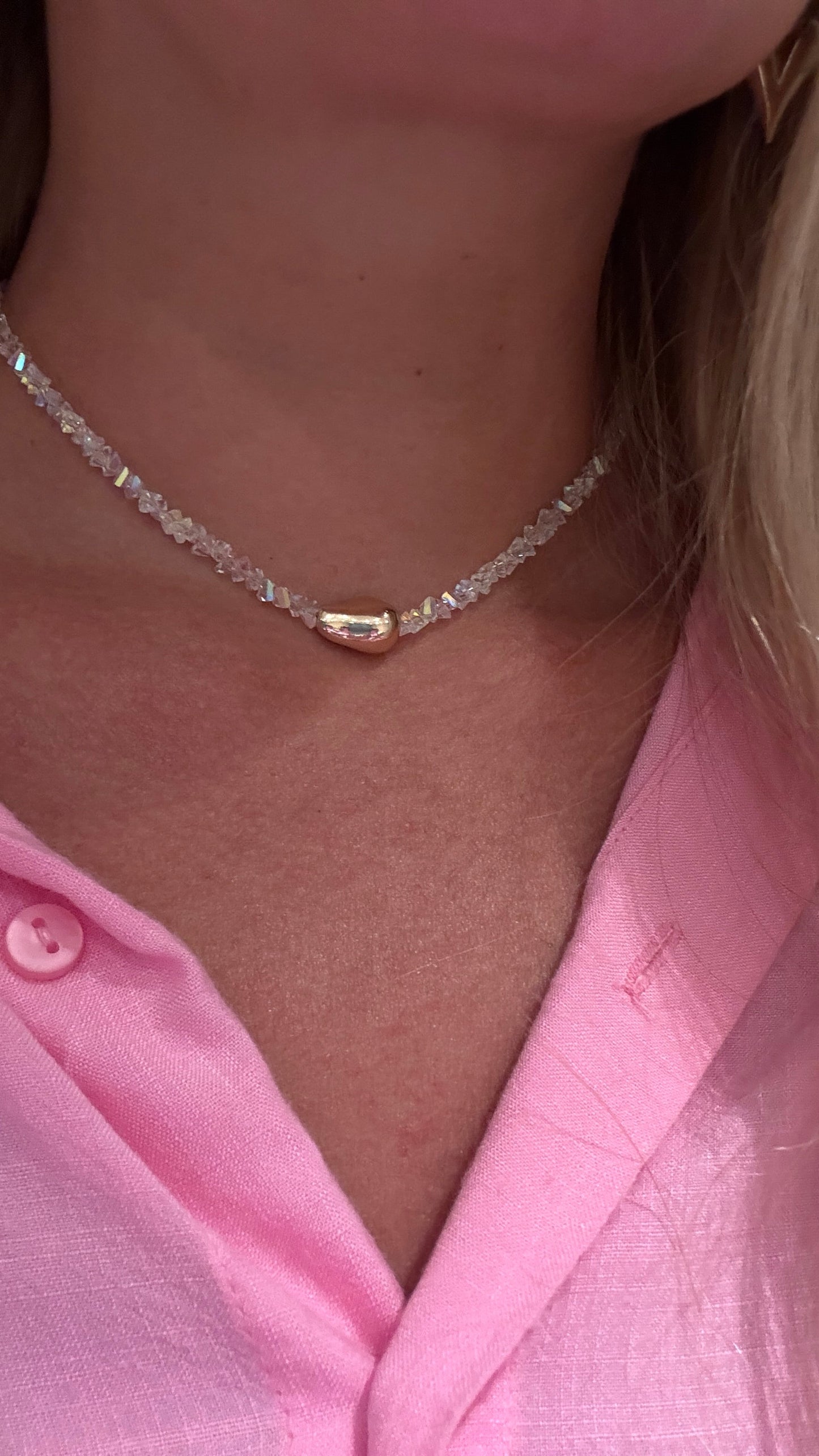Natural Pink Quartz Choker With Gold Plated Bead - Malvy Jewelry