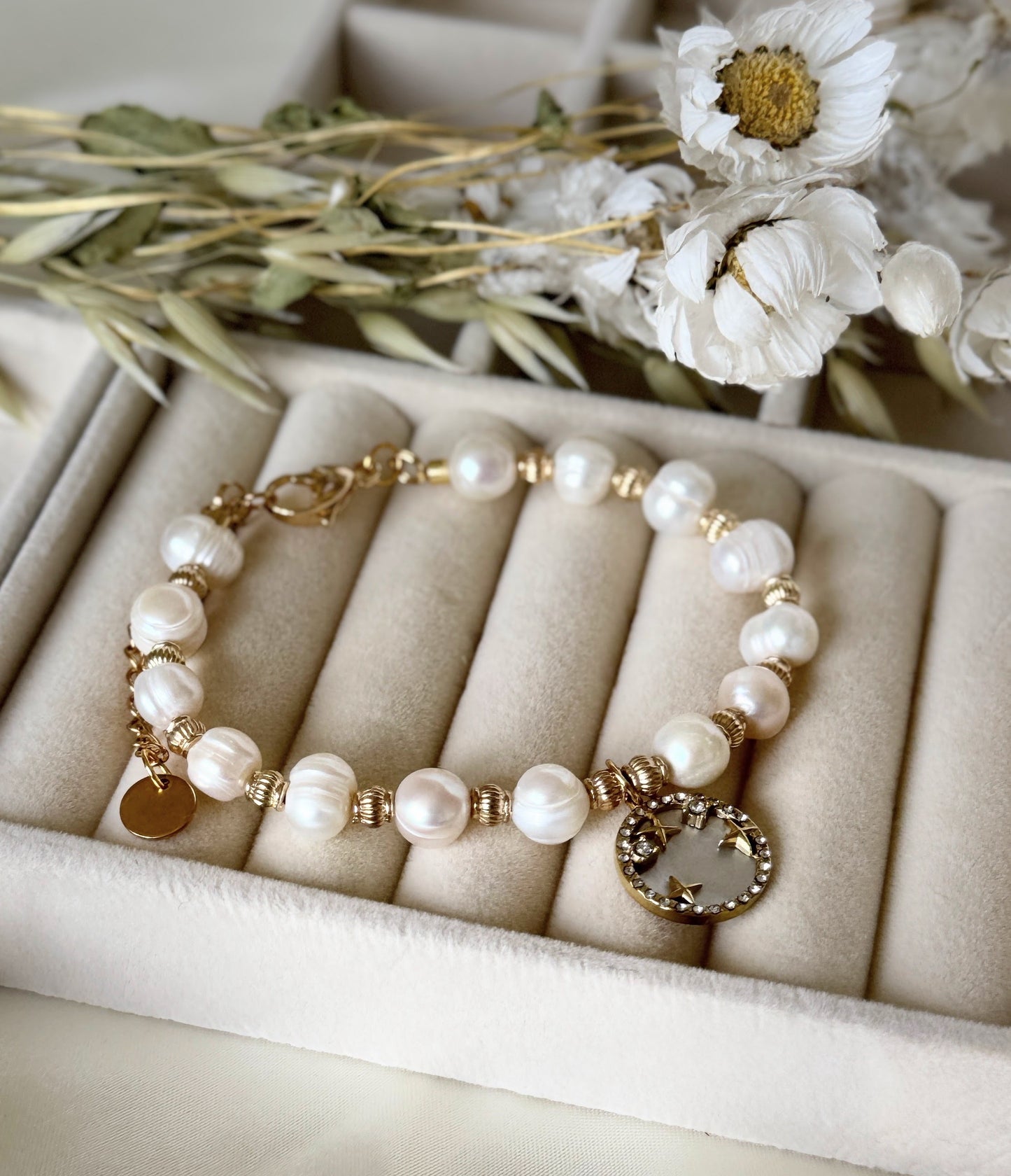 Close-up of premium mother-of-pearl bracelet with golden details