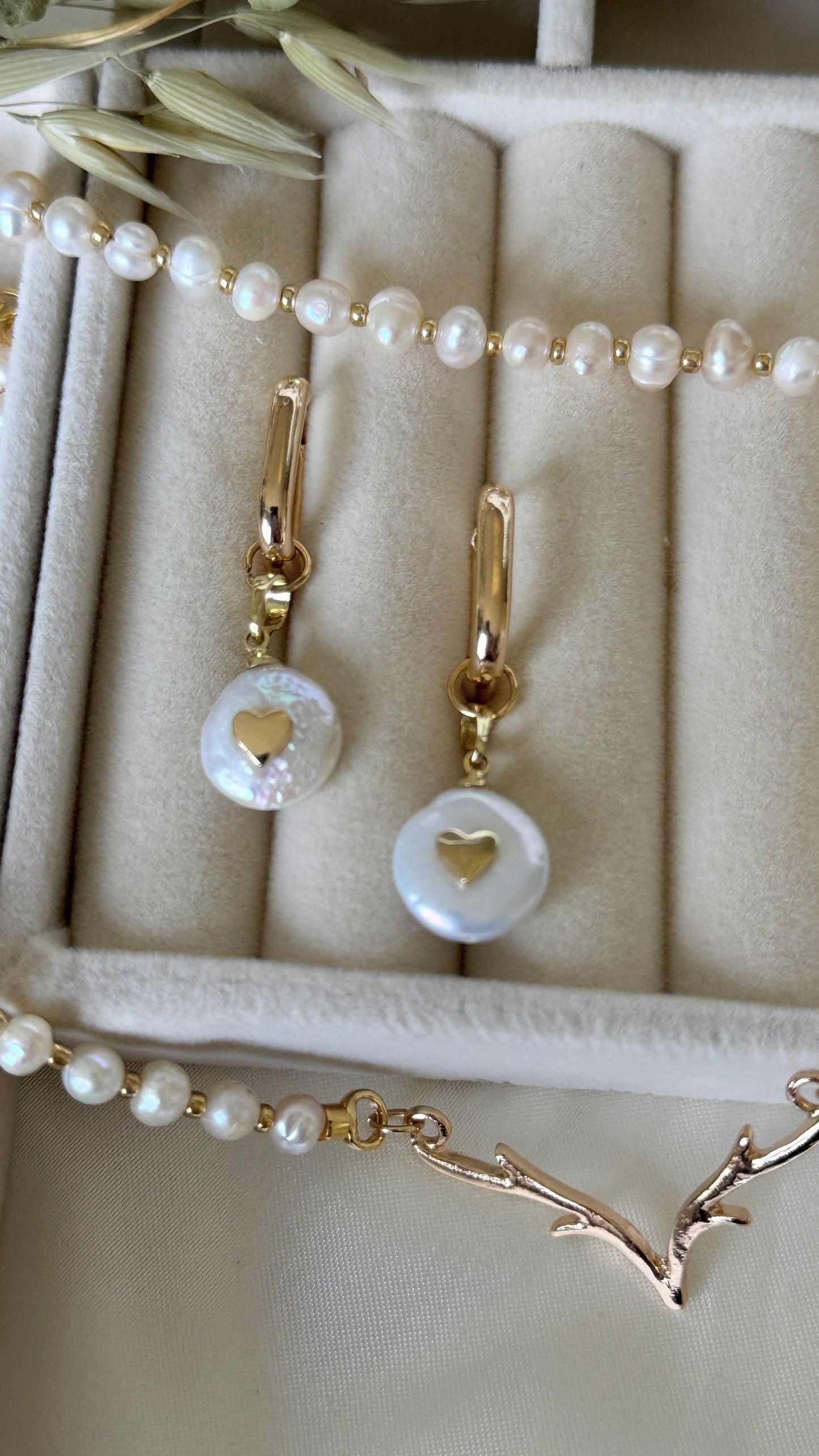 Deer pearl jewelry set with gold antler necklace and matching earrings
