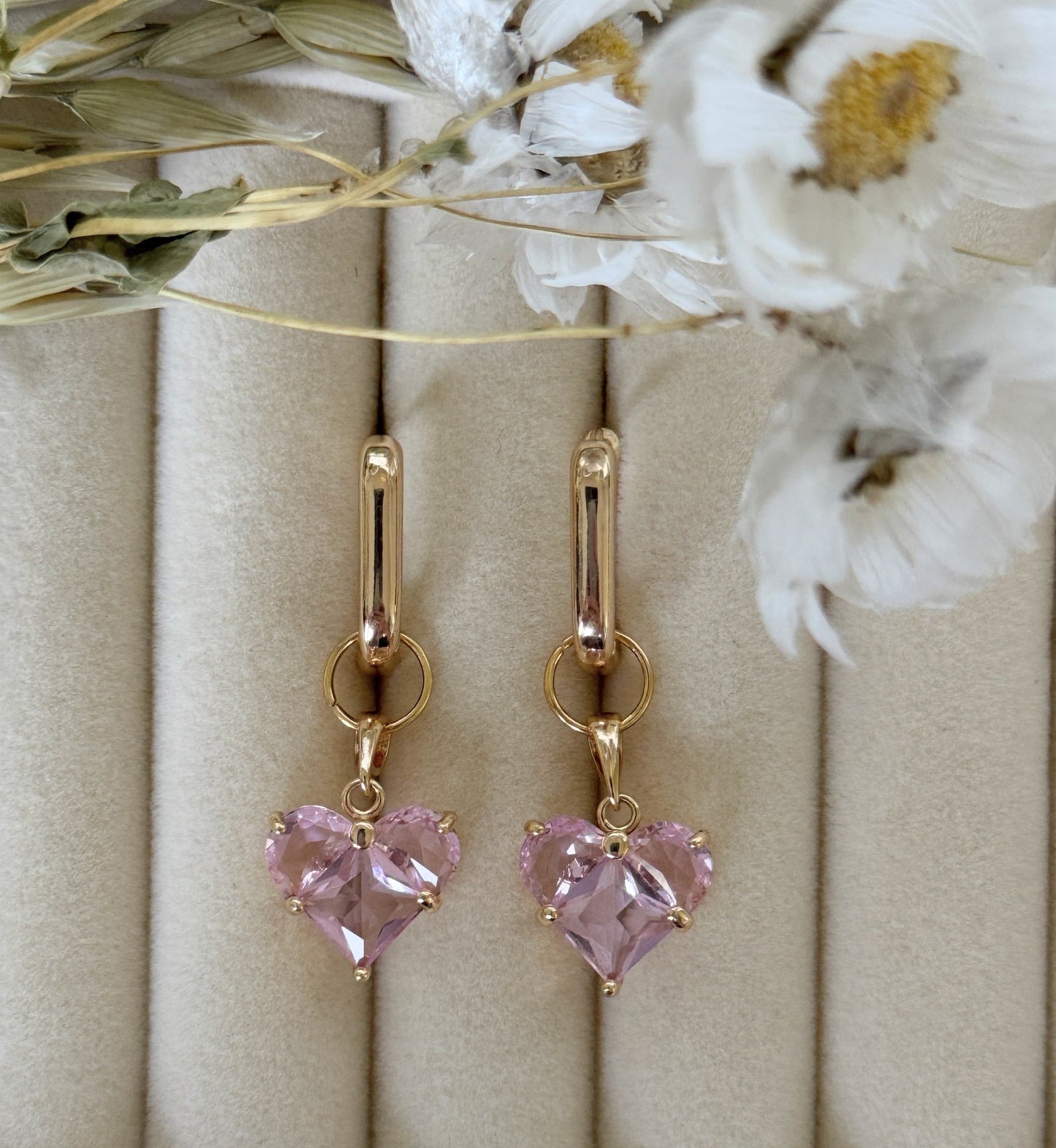 Pink crystal and pearl drop earrings with gold hooks