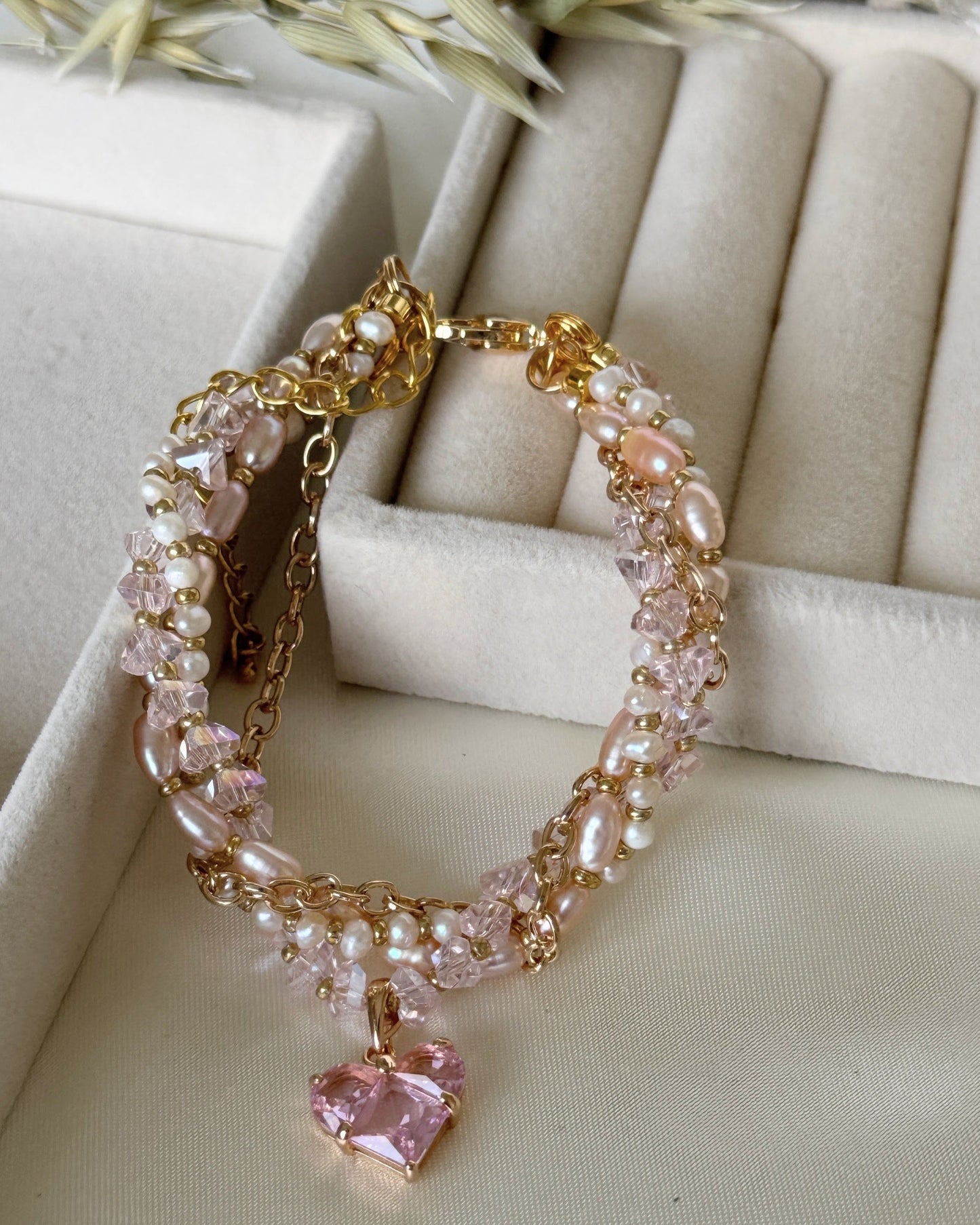 Pink crystal and pearl bracelet with gold chain accents