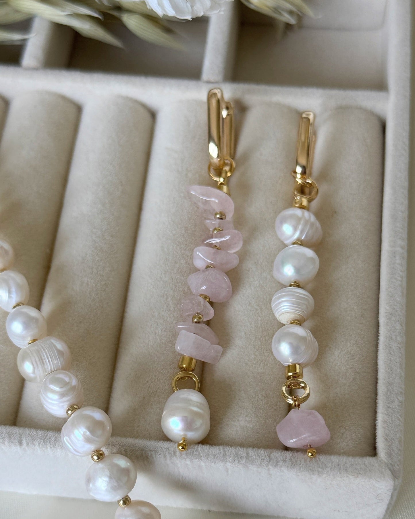Pink Quartz Crystal Pearl Bracelet & Earrings Set - Malvy Jewelry