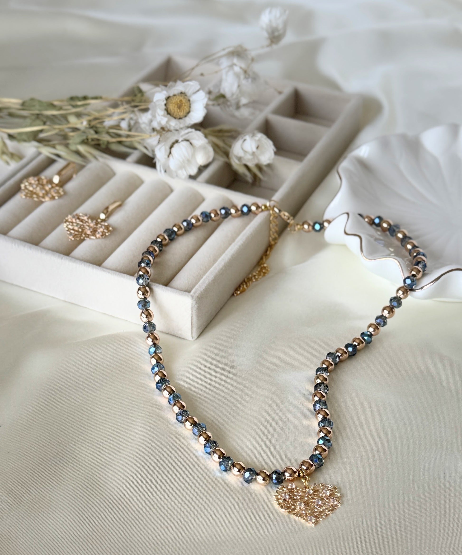Elegant blue crystal hematite necklace with tree pendant and matching earrings