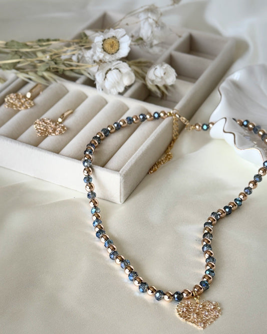 Elegant blue crystal hematite necklace with tree pendant and matching earrings