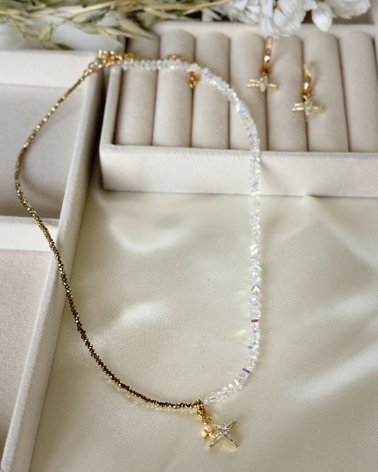 Layered stars hematite crystal necklace and earrings set