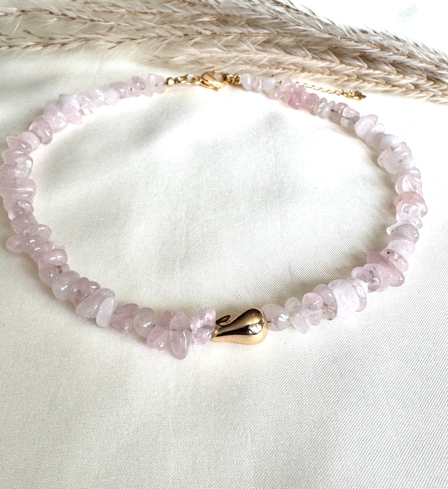 Natural Pink Quartz Choker With Gold Plated Bead