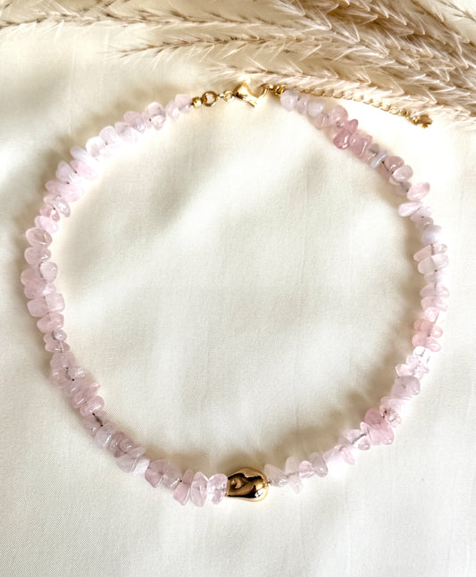 Natural Pink Quartz Choker With Gold Plated Bead