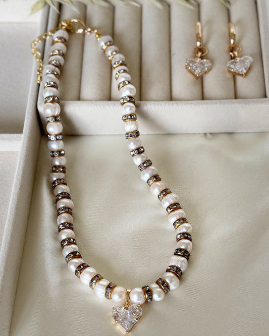Freshwater pearl and crystal heart pendant necklace and earrings set
