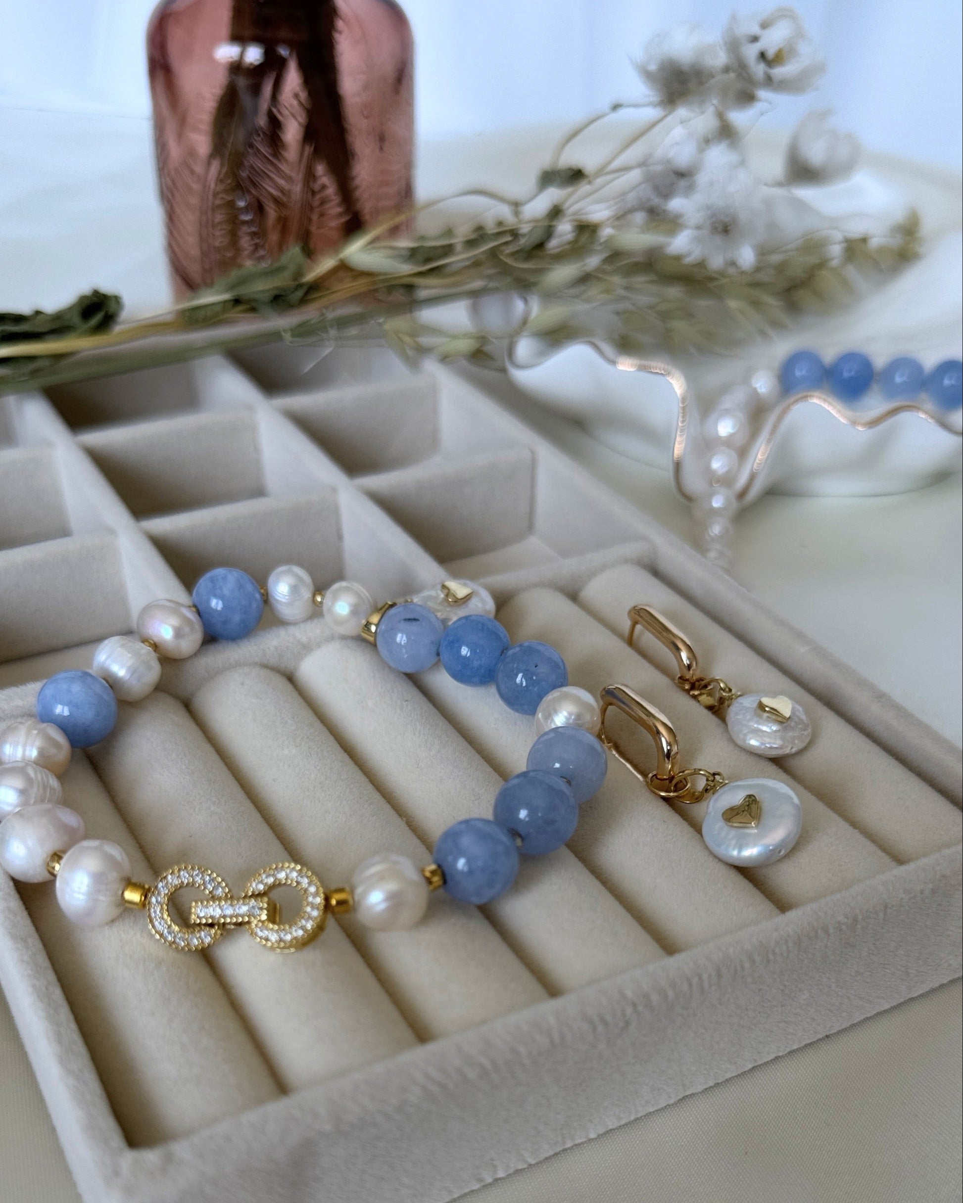 Pearl and aquamarine jewelry gift set with gold accents