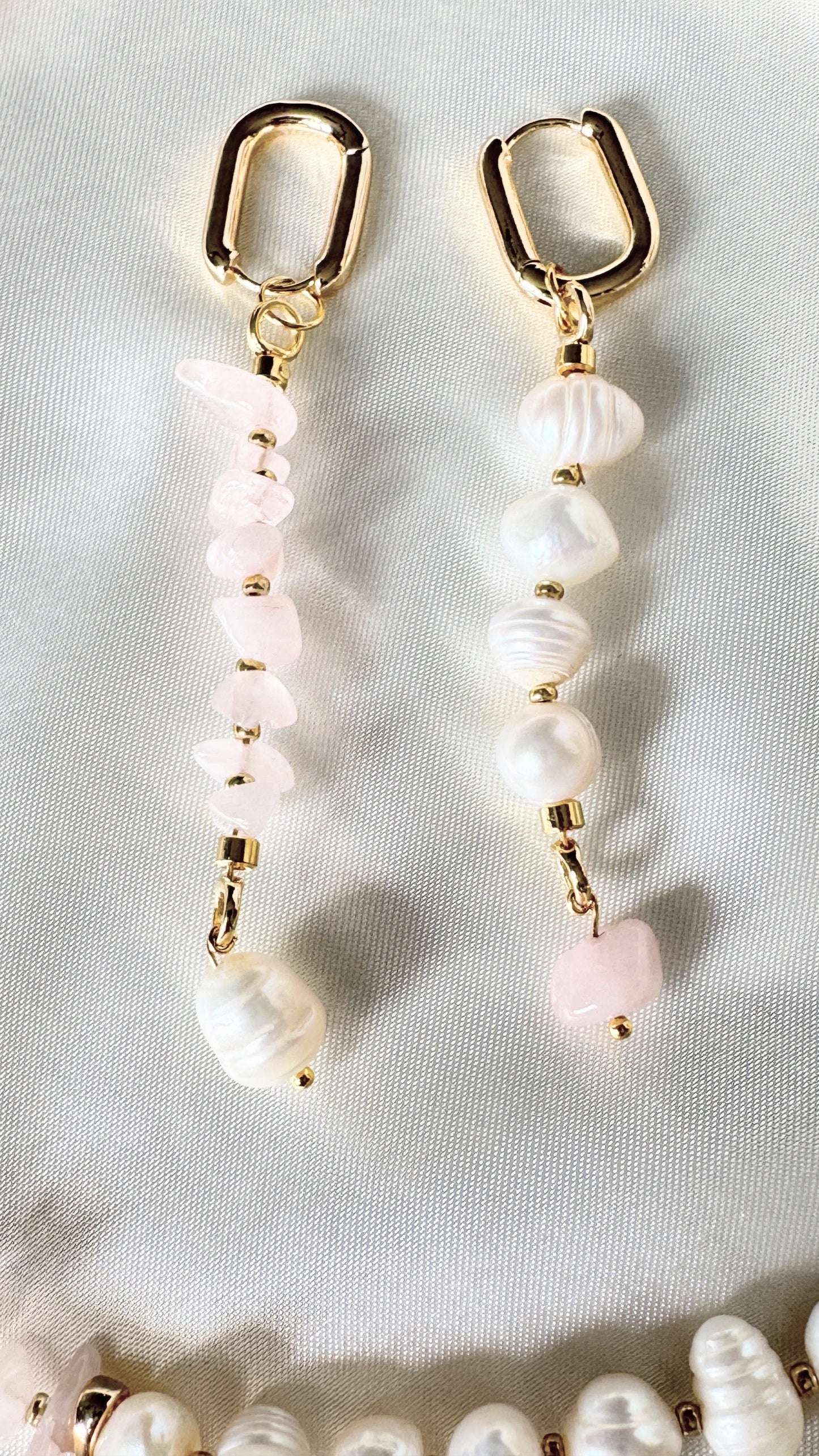 Pink quartz and pearl drop earrings with gold hooks