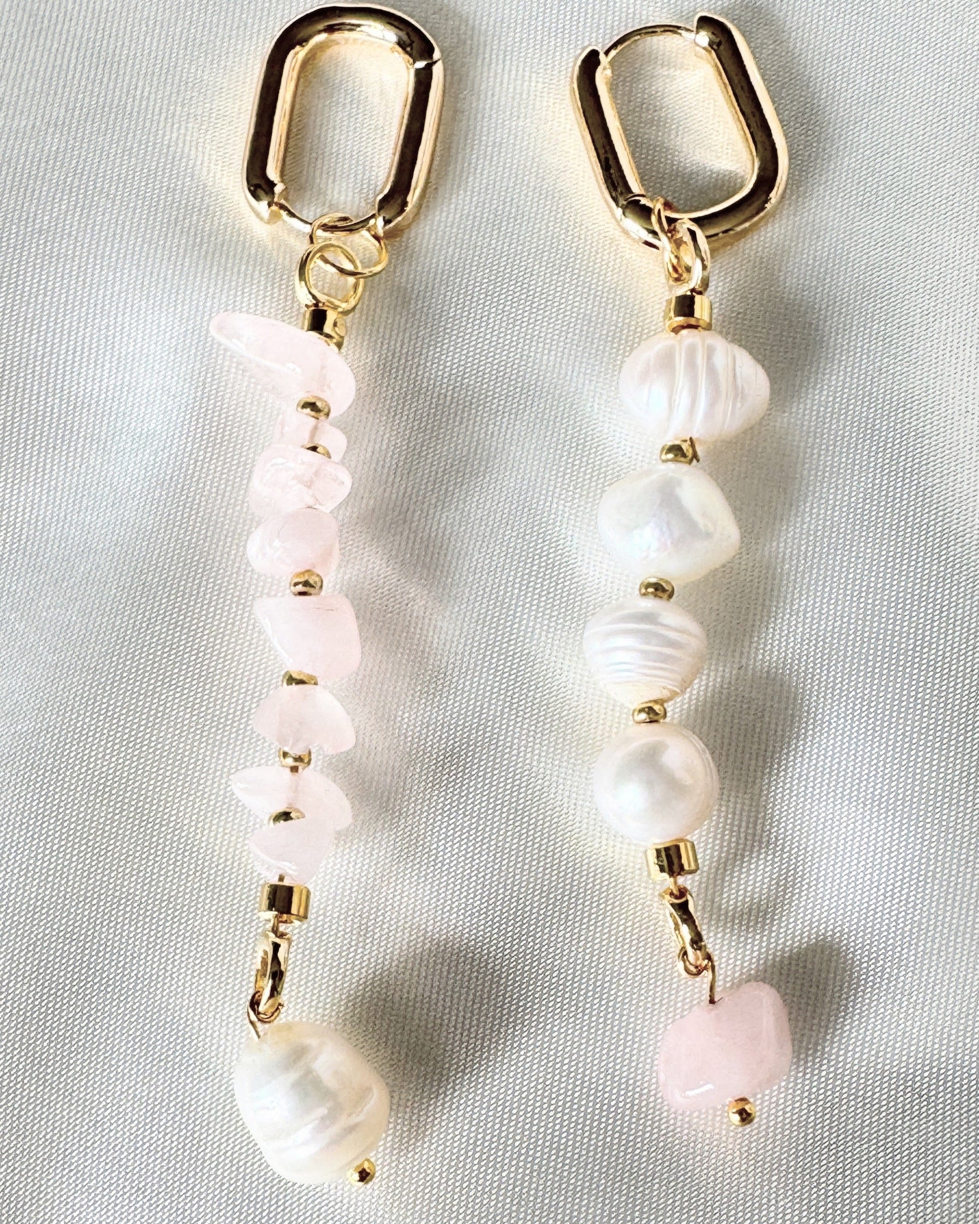 Pink quartz and pearl drop earrings with gold hooks