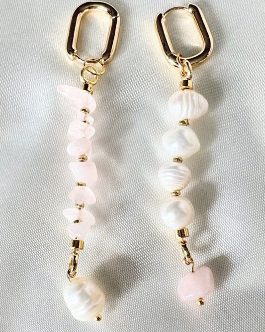 Pink quartz and pearl drop earrings with gold hooks