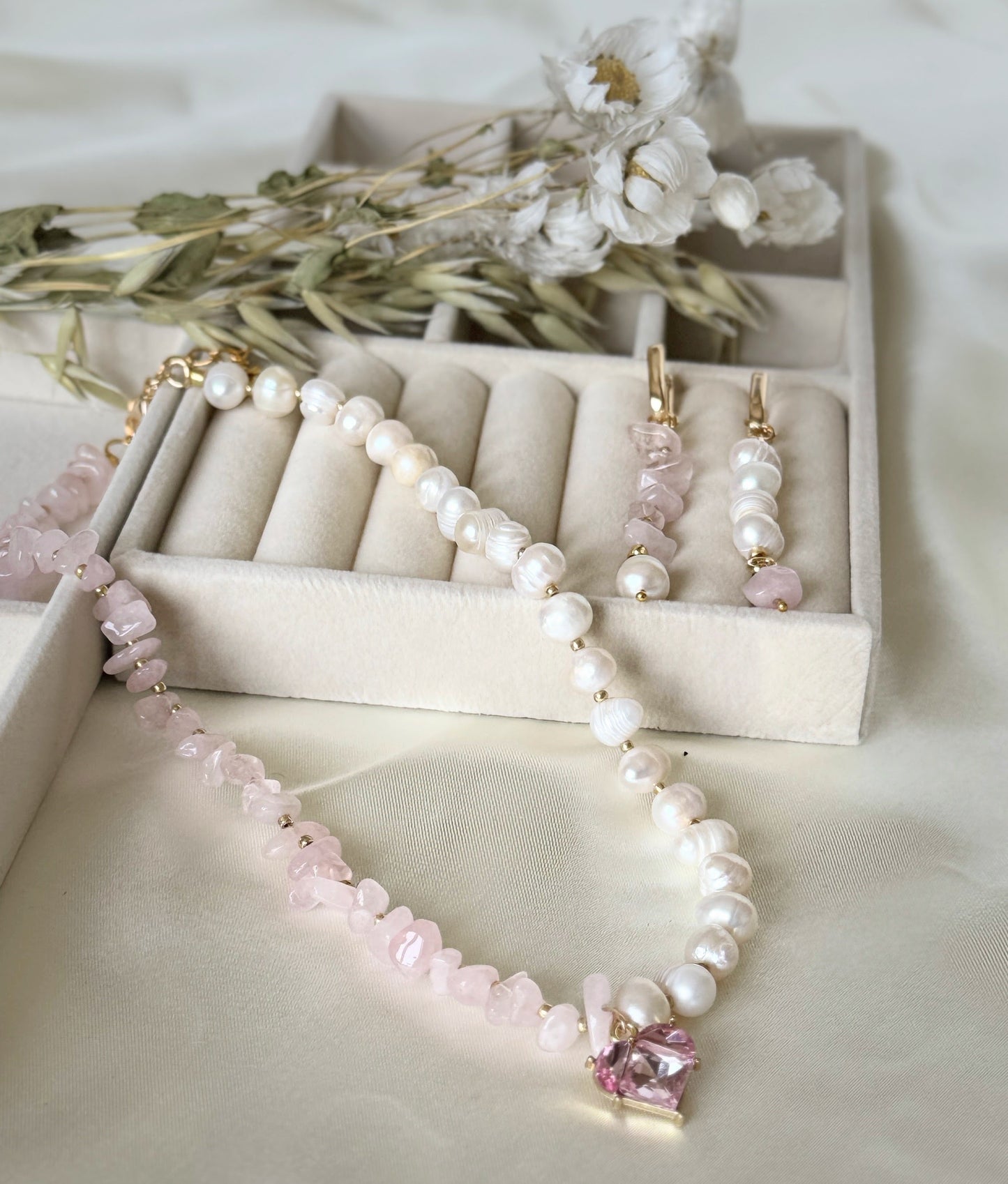 Pink quartz crystal and pearl jewelry set with necklace and earrings