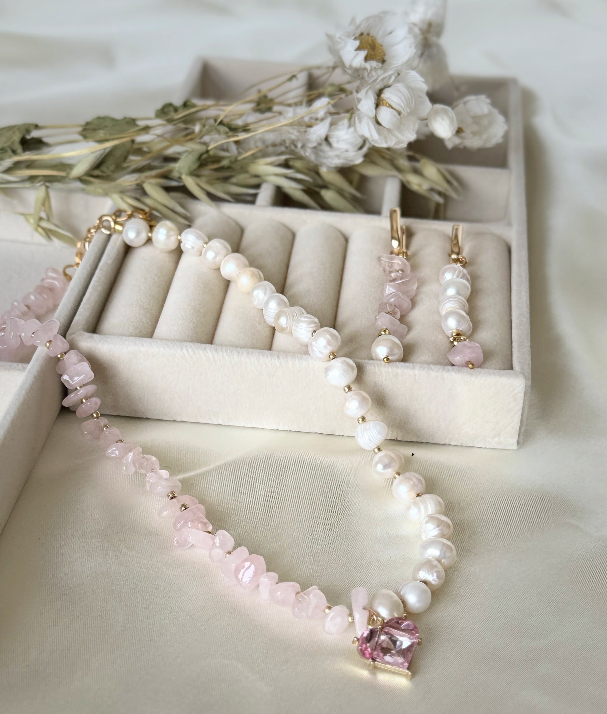 Pink quartz crystal and pearl jewelry set with necklace and earrings