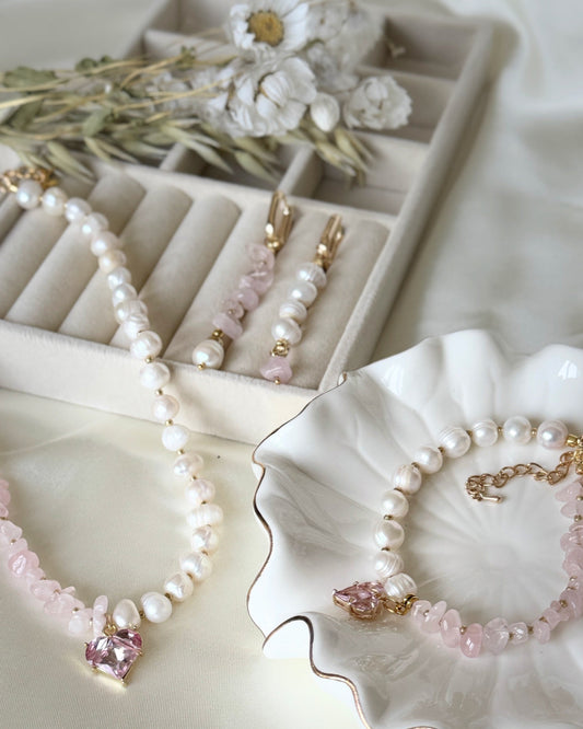 Freshwater pearl and pink quartz necklace and bracelet jewelry set