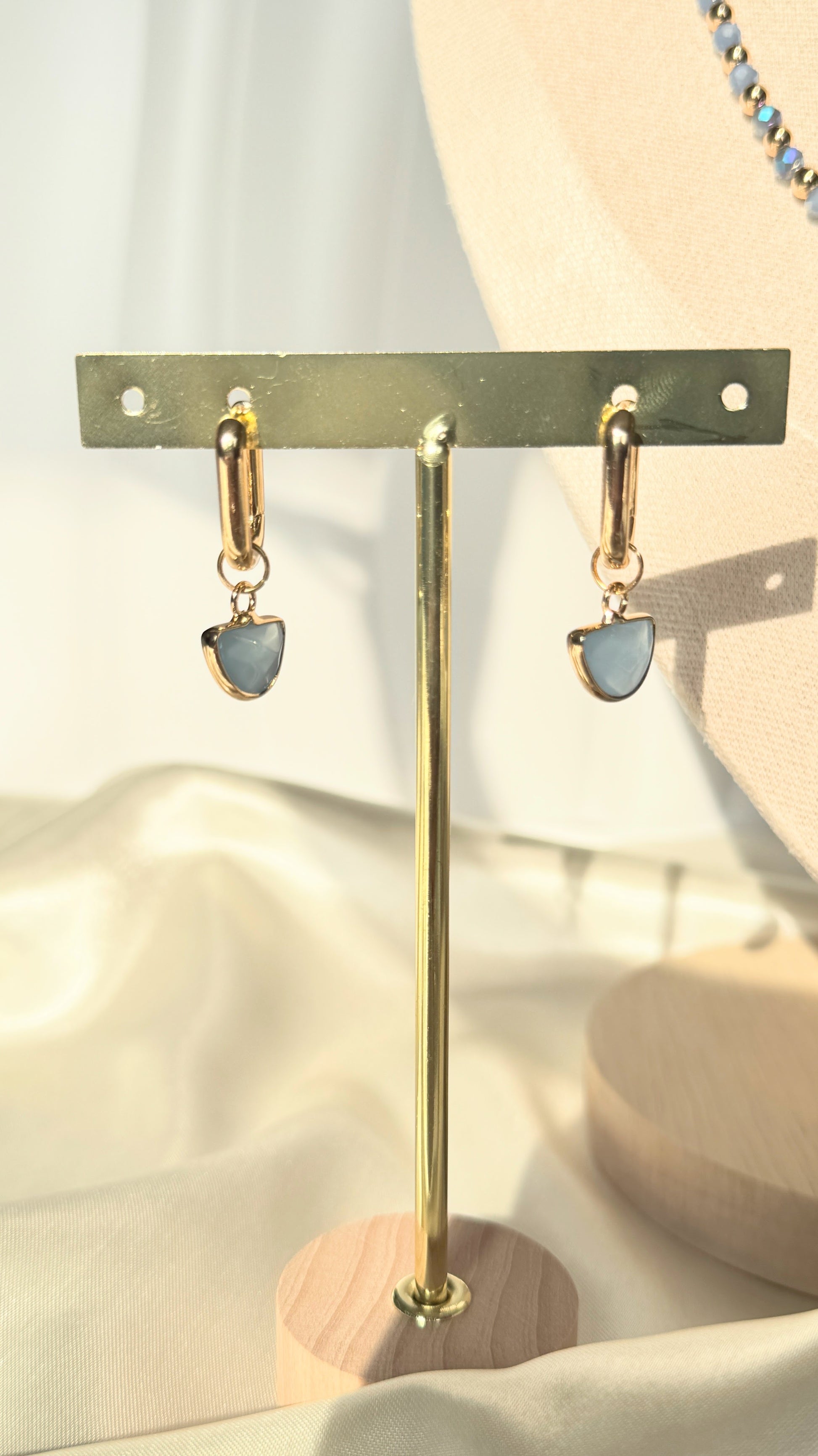 Blue gold hematite and crystal drop earrings with gold hooks