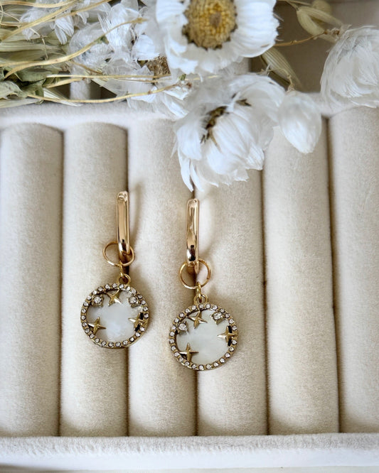 Mother-of-pearl drop earrings with gold shell charms