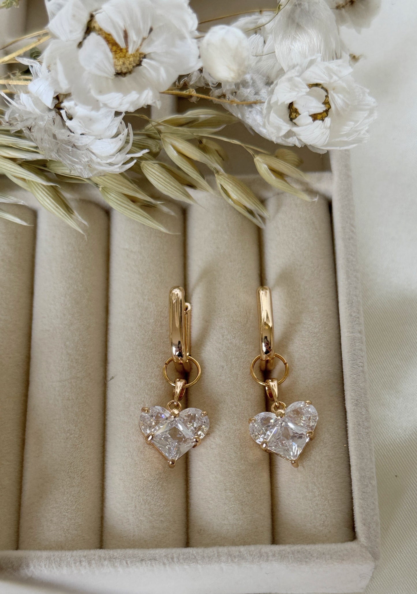 Pearl and crystal heart drop earrings with gold hooks