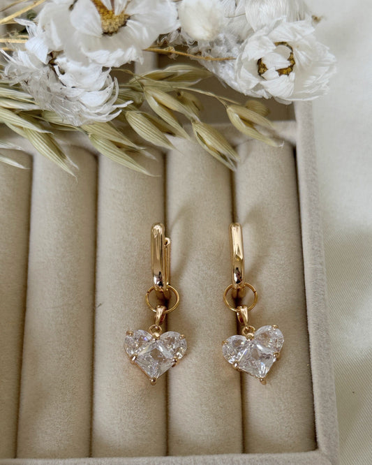 Pearl and crystal heart drop earrings with gold hooks