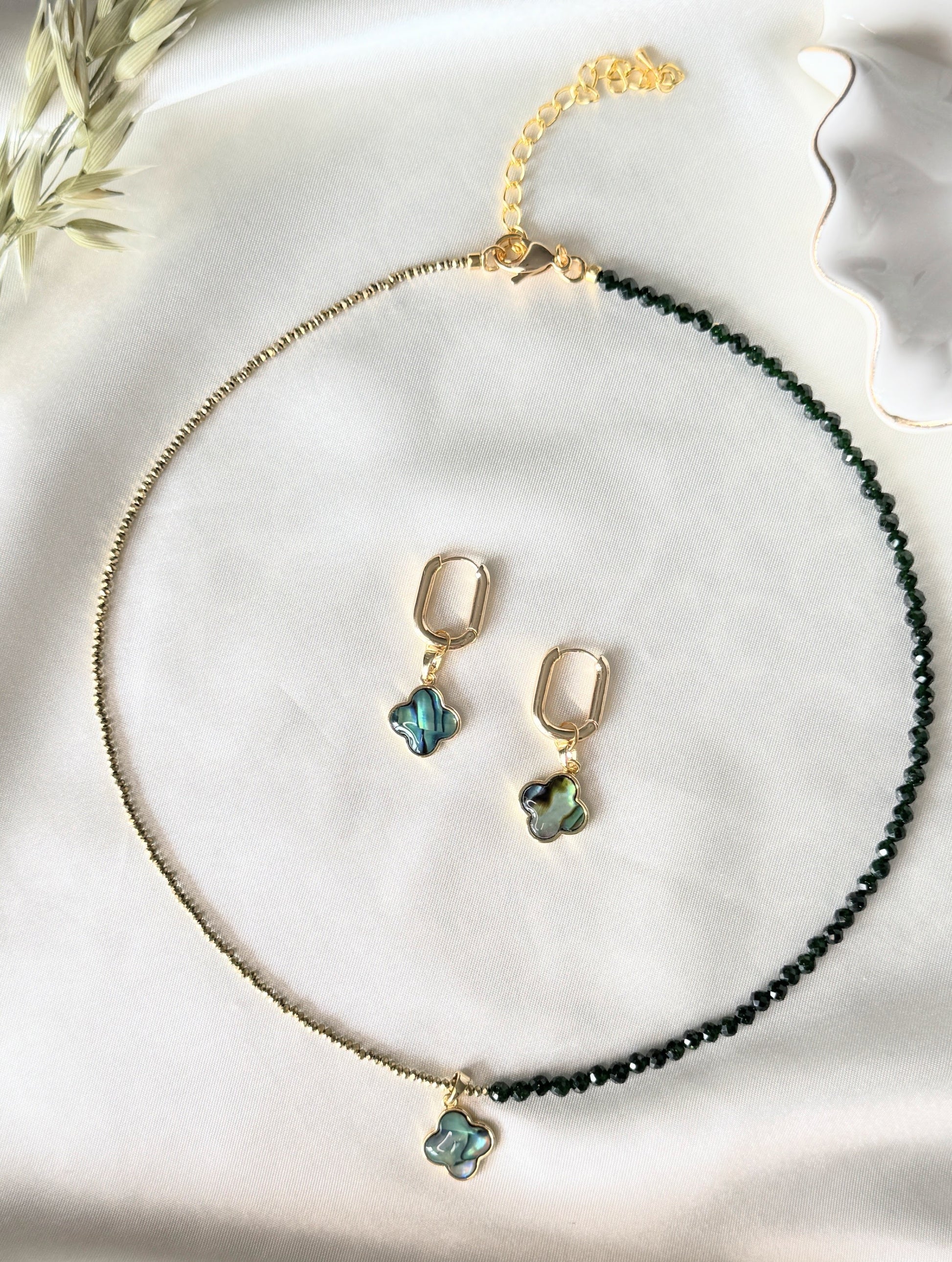 Lucky clover hematite crystal necklace with matching clover earrings