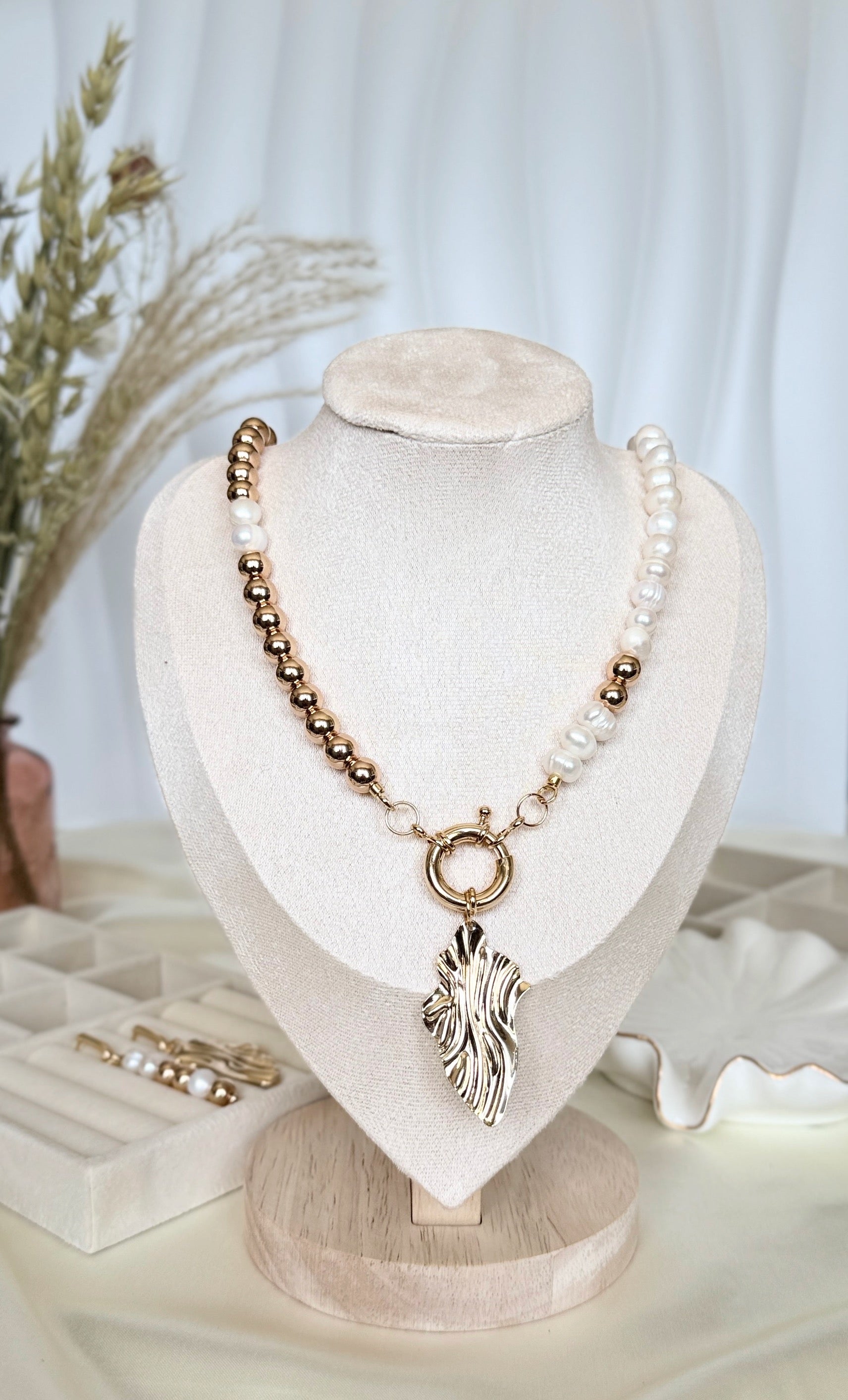 Layered golden hematite and pearl necklace with gold accents