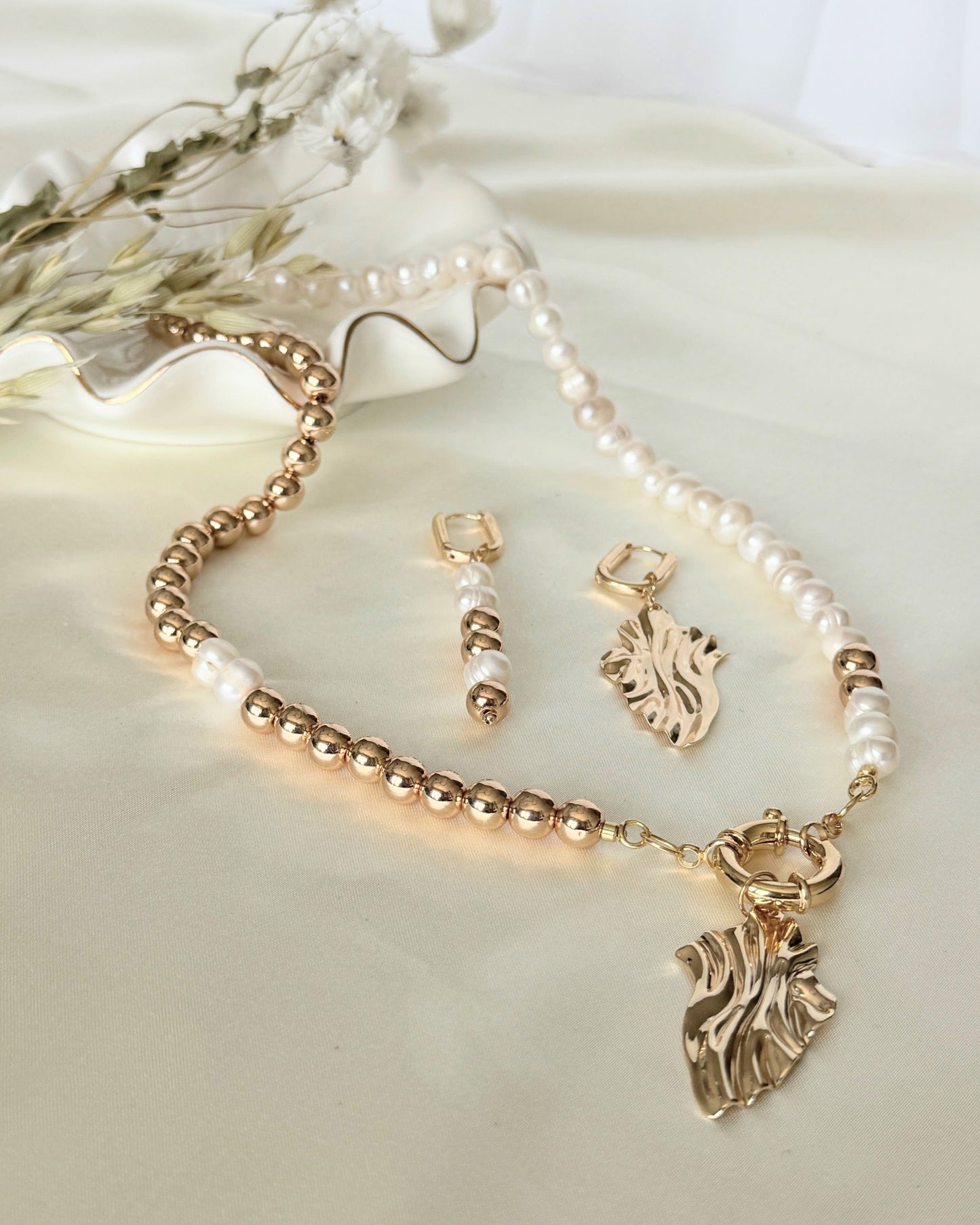 Golden hematite pearl jewelry set with necklace and earrings