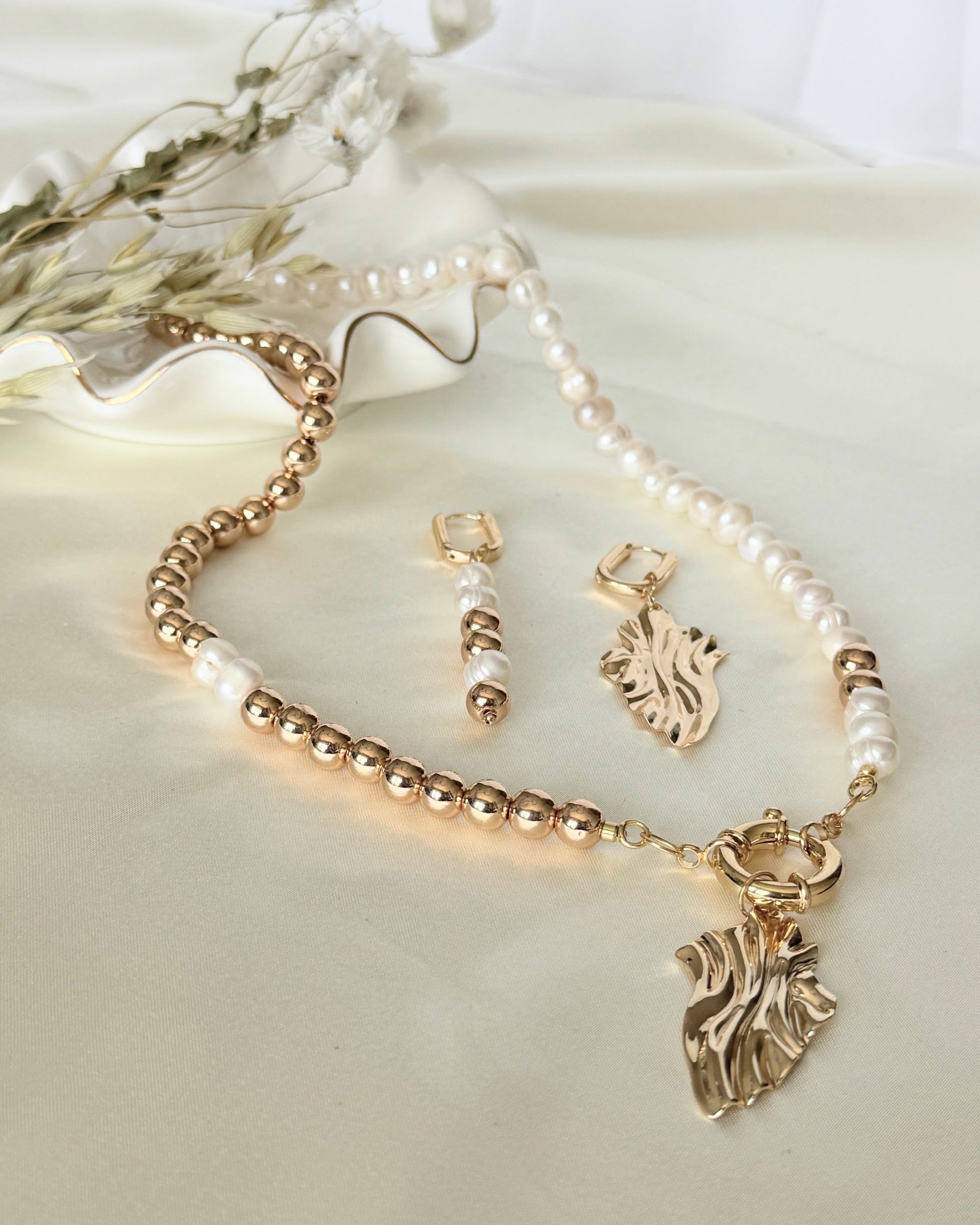 Golden hematite pearl jewelry set with necklace and earrings