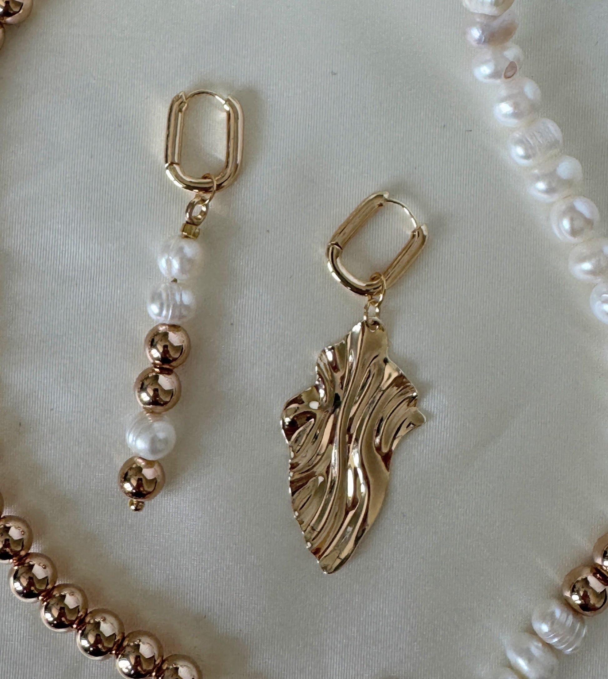 Golden hematite bead and freshwater pearl earrings with gold hooks
