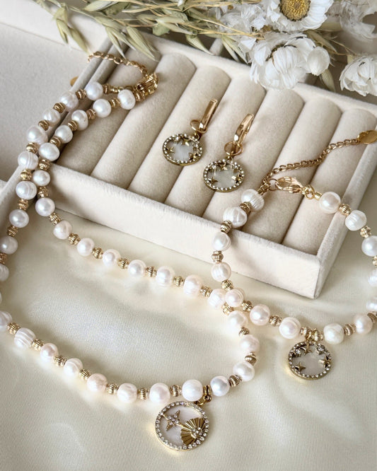 Premium three-piece mother-of-pearl jewelry set displayed elegantly