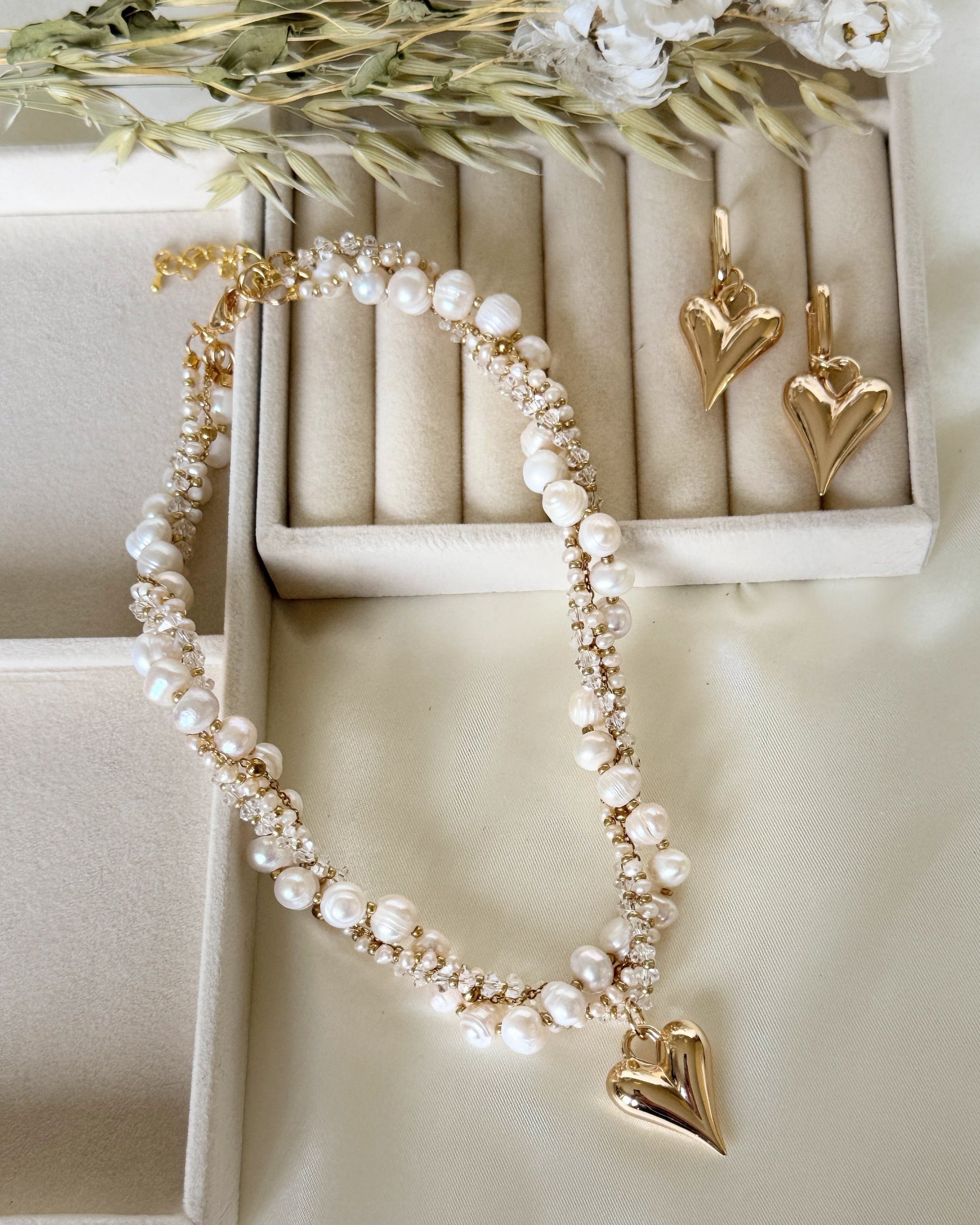Four strands pearl crystal necklace with matching earrings set