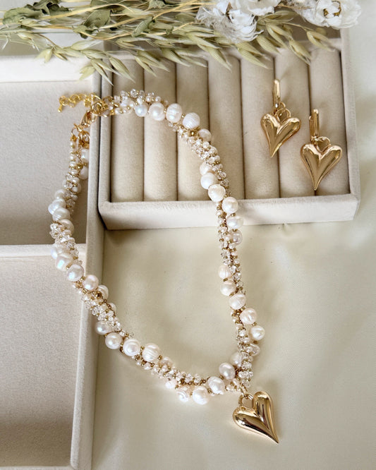 Four strands pearl crystal necklace with matching earrings set
