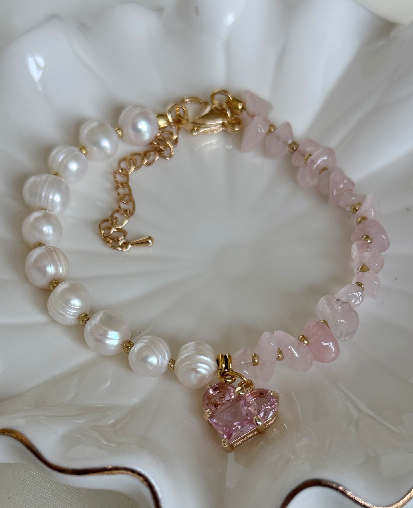 Pink Quartz Crystal Pearl Bracelet & Earrings Set - Malvy Jewelry