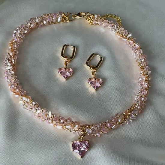 Pink layered pearl and crystal necklace 