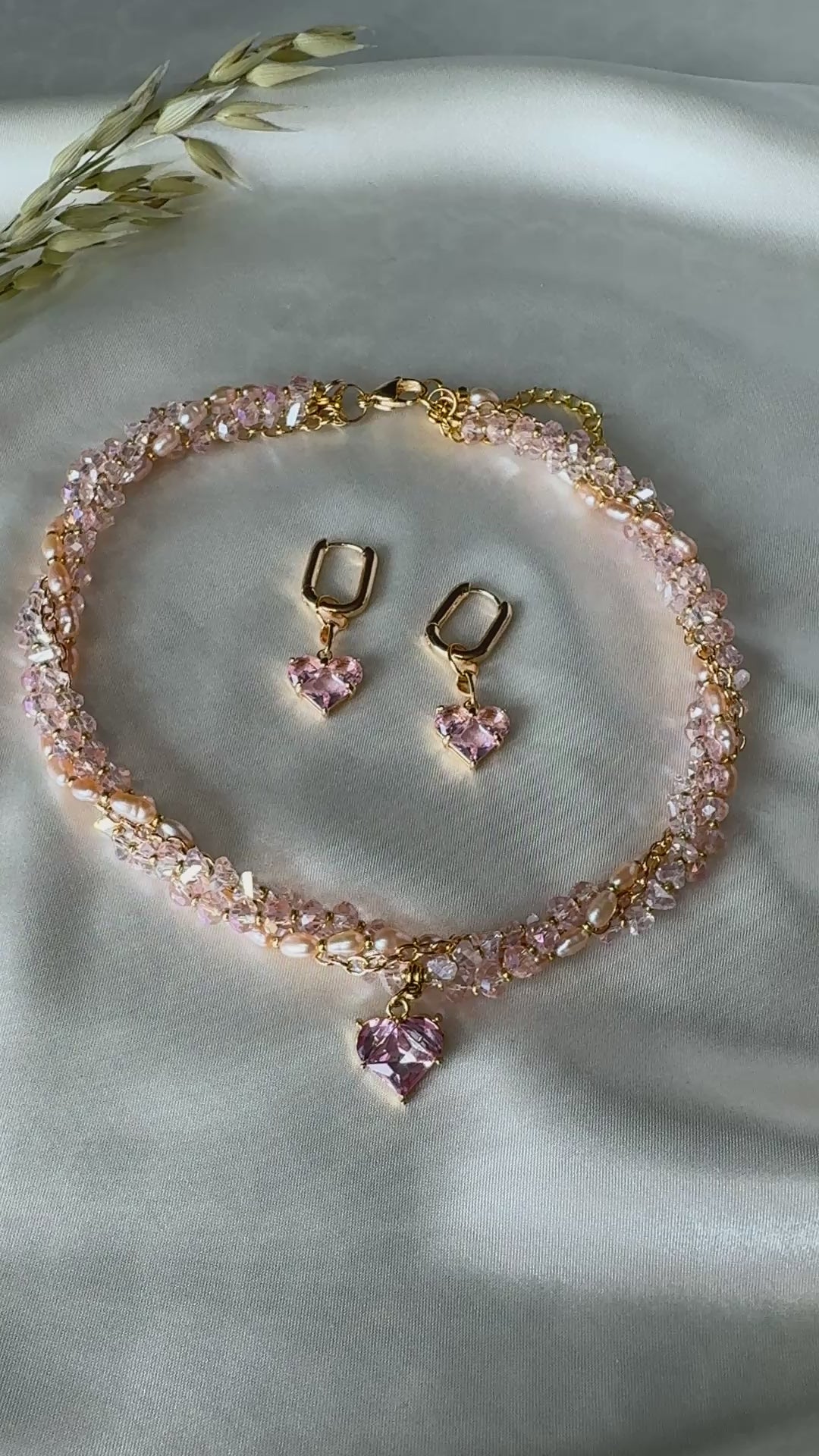 Pink layered pearl and crystal necklace 