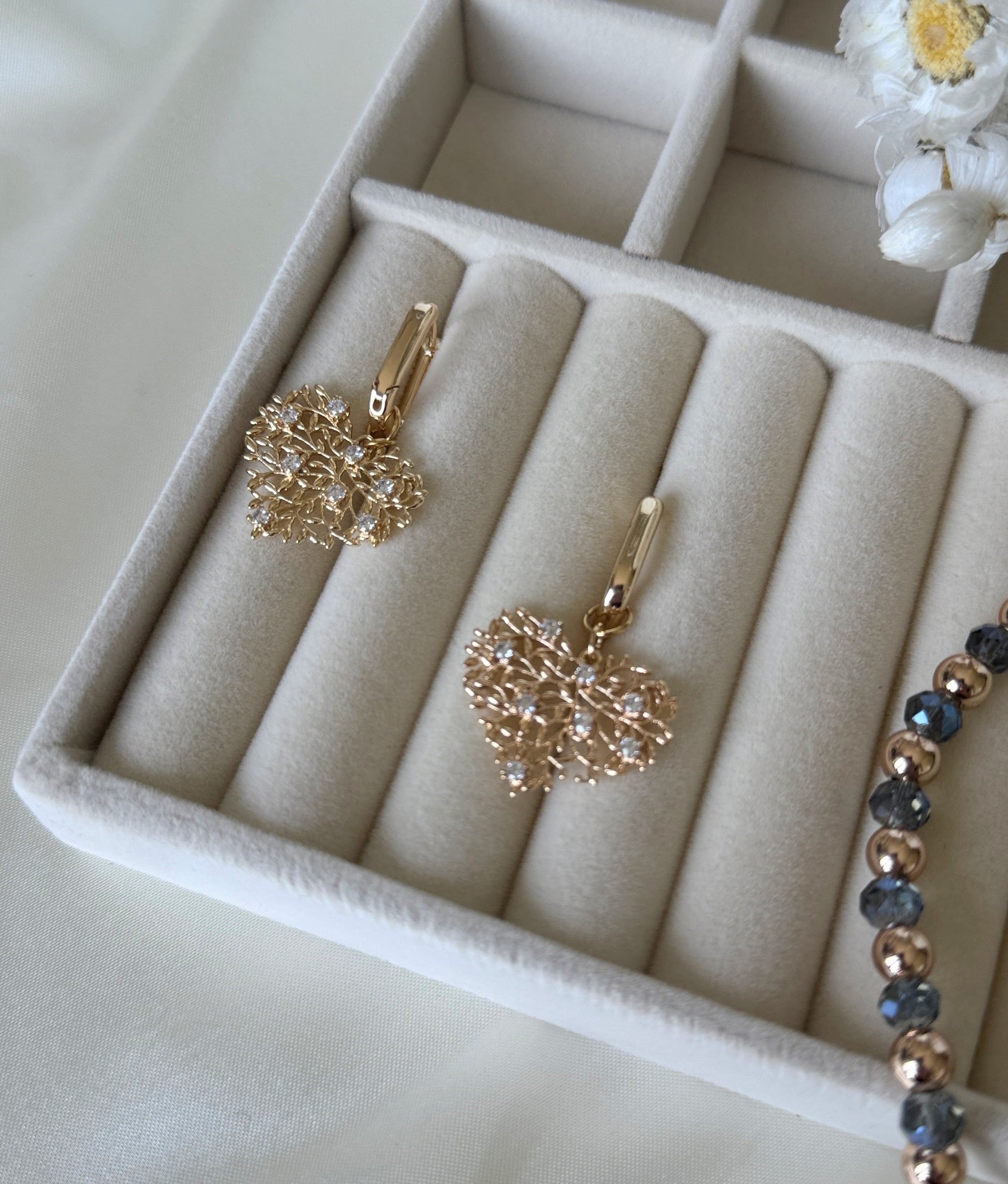 Blue crystal hematite earrings with tree of life charm and gold hooks