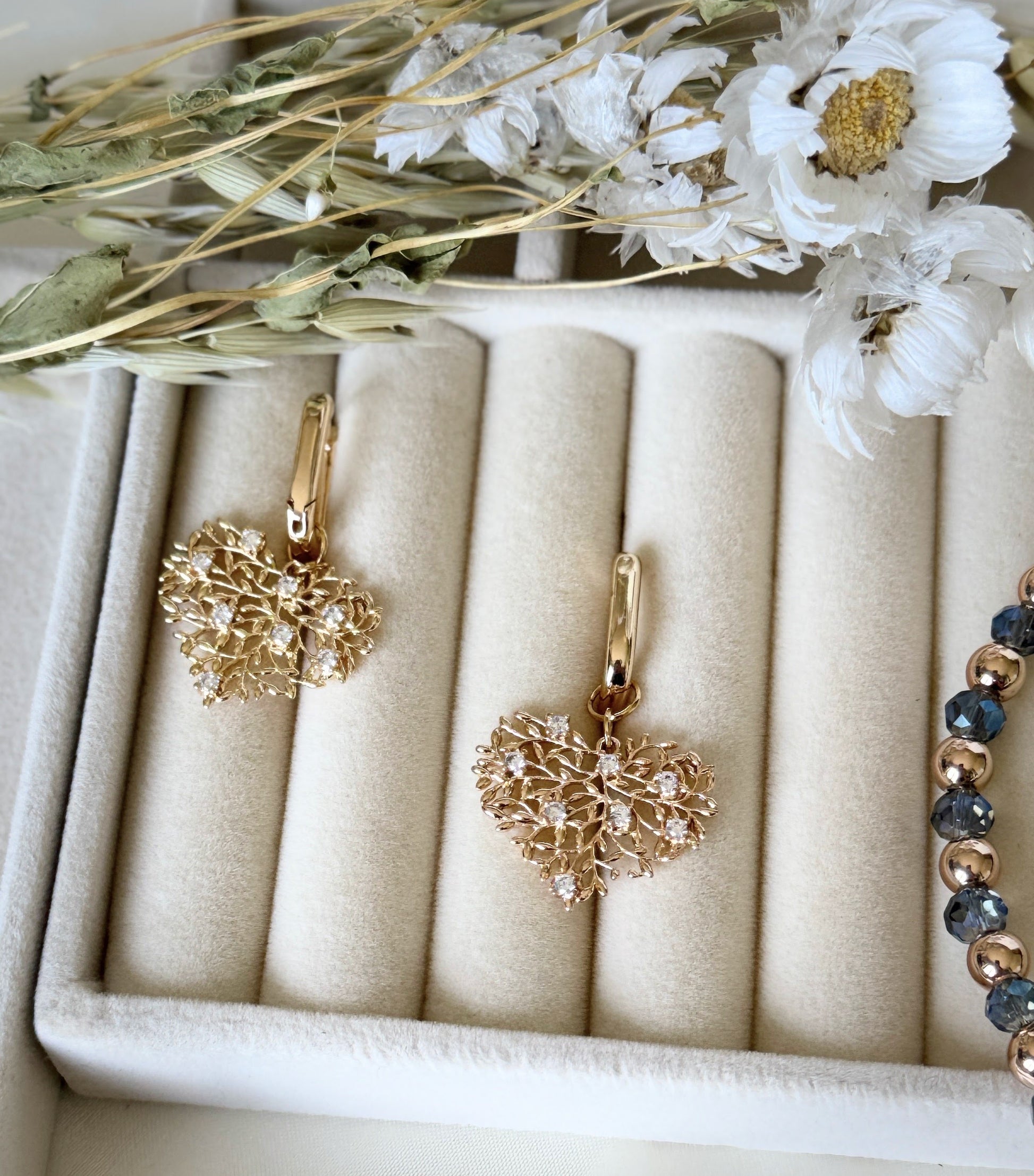 Blue crystal hematite drop earrings with gold hooks
